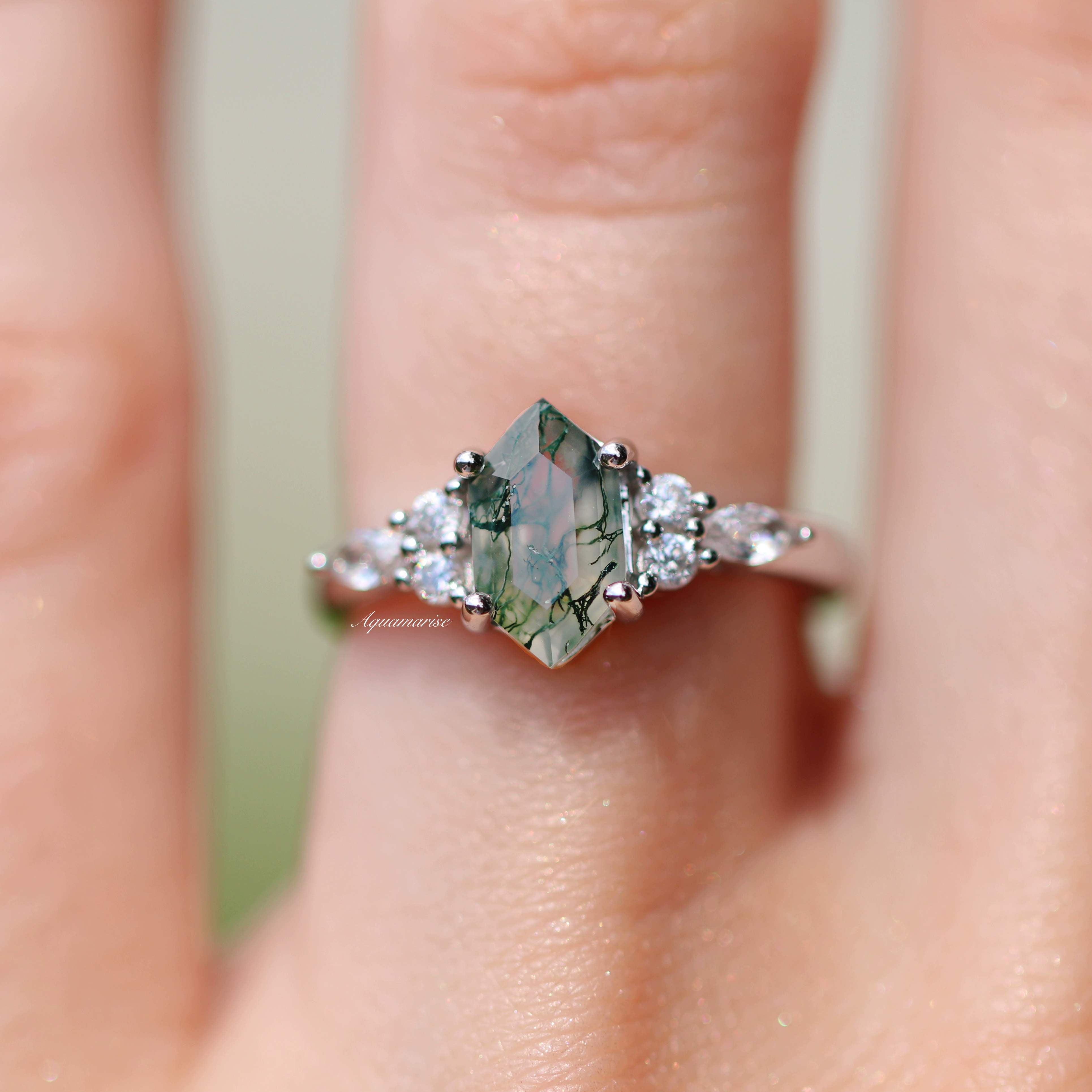 Sonnet Hexagon Green Moss Agate Ring - Sterling Silver Jewelry for Women | Nature-Inspired Healing Crystal Ring for Meditation, Yoga & Spiritual Gifts