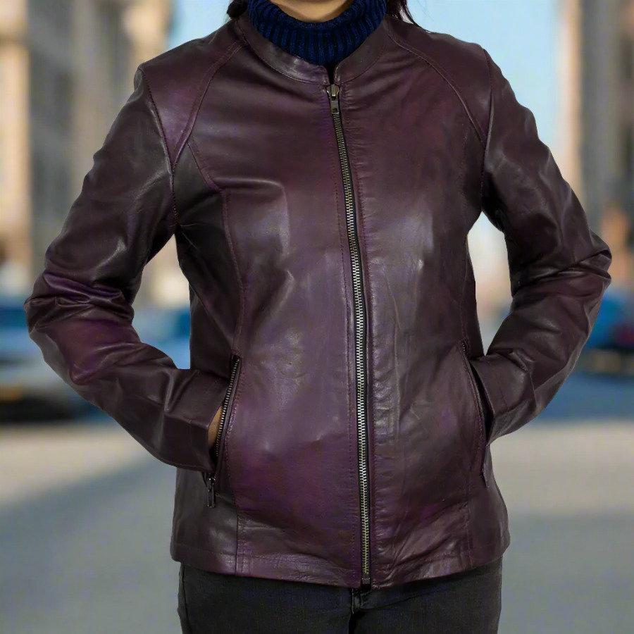 BOL Women's Purple Wash Moto Leather Jacket - Stylish Biker Jacket for Women, Vintage Distressed Look, Faux Leather Outerwear - Perfect for Motorcycle Riding, Night Out, and Fall Fashion
