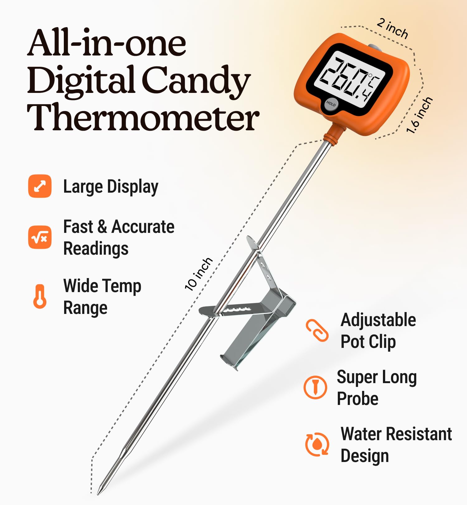 Digital Candy Thermometer with Pot Clip - Instant Read Kitchen Thermometer for Cooking, Baking & Candy Making - 10