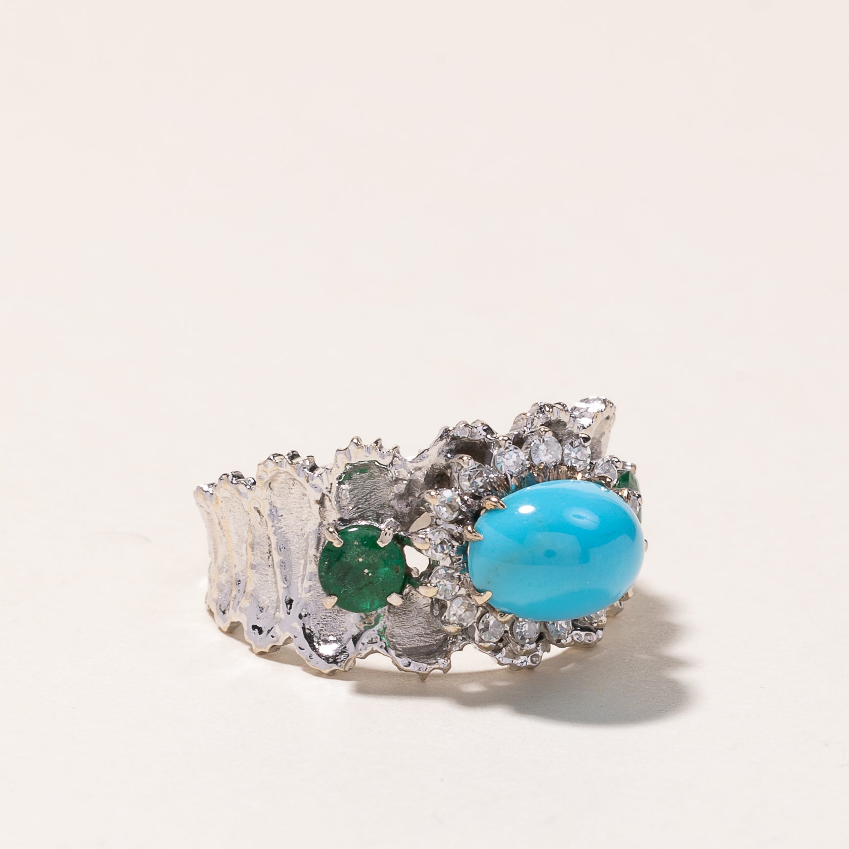 18K White Gold Turquoise, Emerald & Diamond Ring - 3.10ct Natural Gemstone, 0.47ctw & 0.28ctw Diamonds - Size 8.5 - Elegant Wedding, Engagement & Anniversary Jewelry Gift