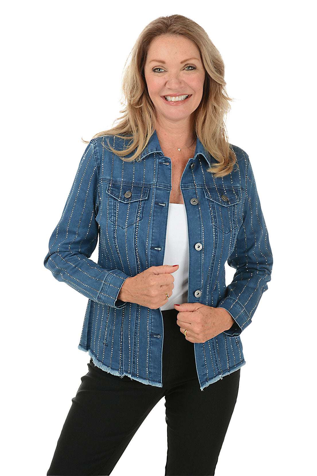 Sparkling Rhinestone Studded Denim Jacket for Women - Trendy Embellished Denim Jacket with Crystal Accents | Perfect for Parties, Concerts & Night Out
