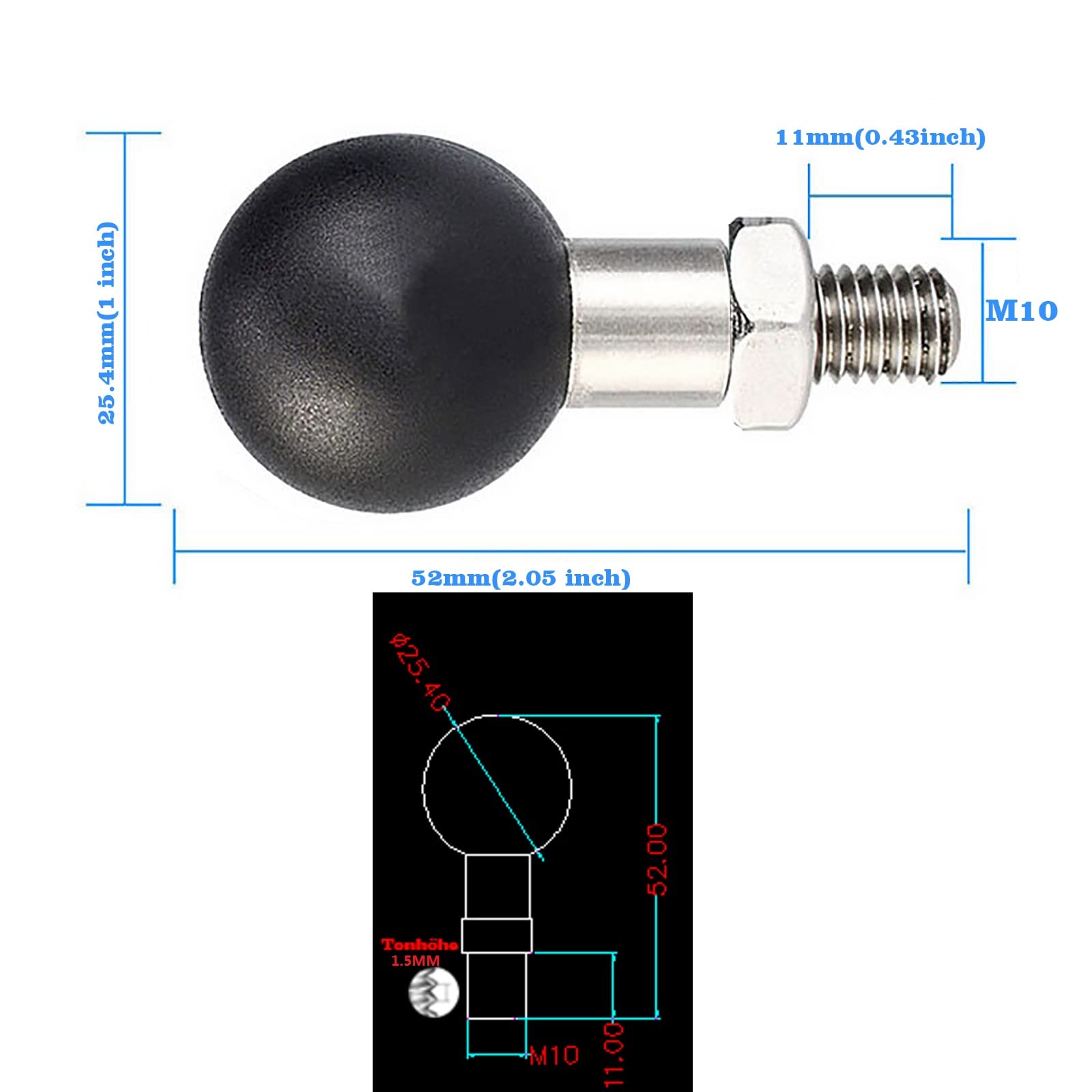 1 Inch Ball Mount Portable Tripod Ball Adapter for Motorcycle ATV - M10 x 1.25mm Threaded Bolt - Compatible with RAM Mounts (SZ-M10*2) - Perfect for Rear View Mirrors, Action Cameras & GPS Devices
