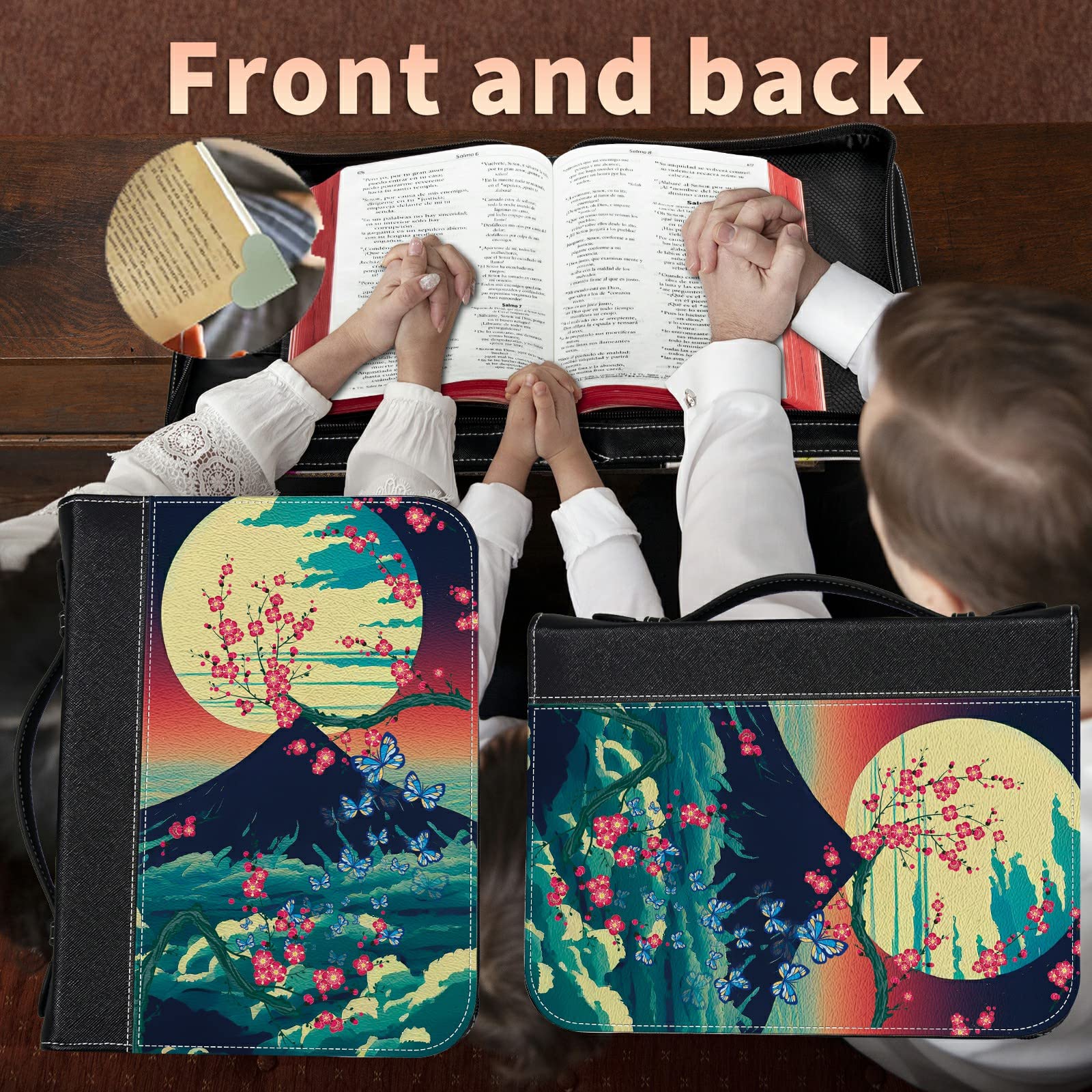 Landscape Sakura Bible Cover with 2 Heart Corner Page Bookmarks - Large Zippered Bible Protector Case with Handle, Inner Pockets & Tote Bag - Perfect Christian Gift for Men & Women - Ideal for Church, Bible Study & Travel