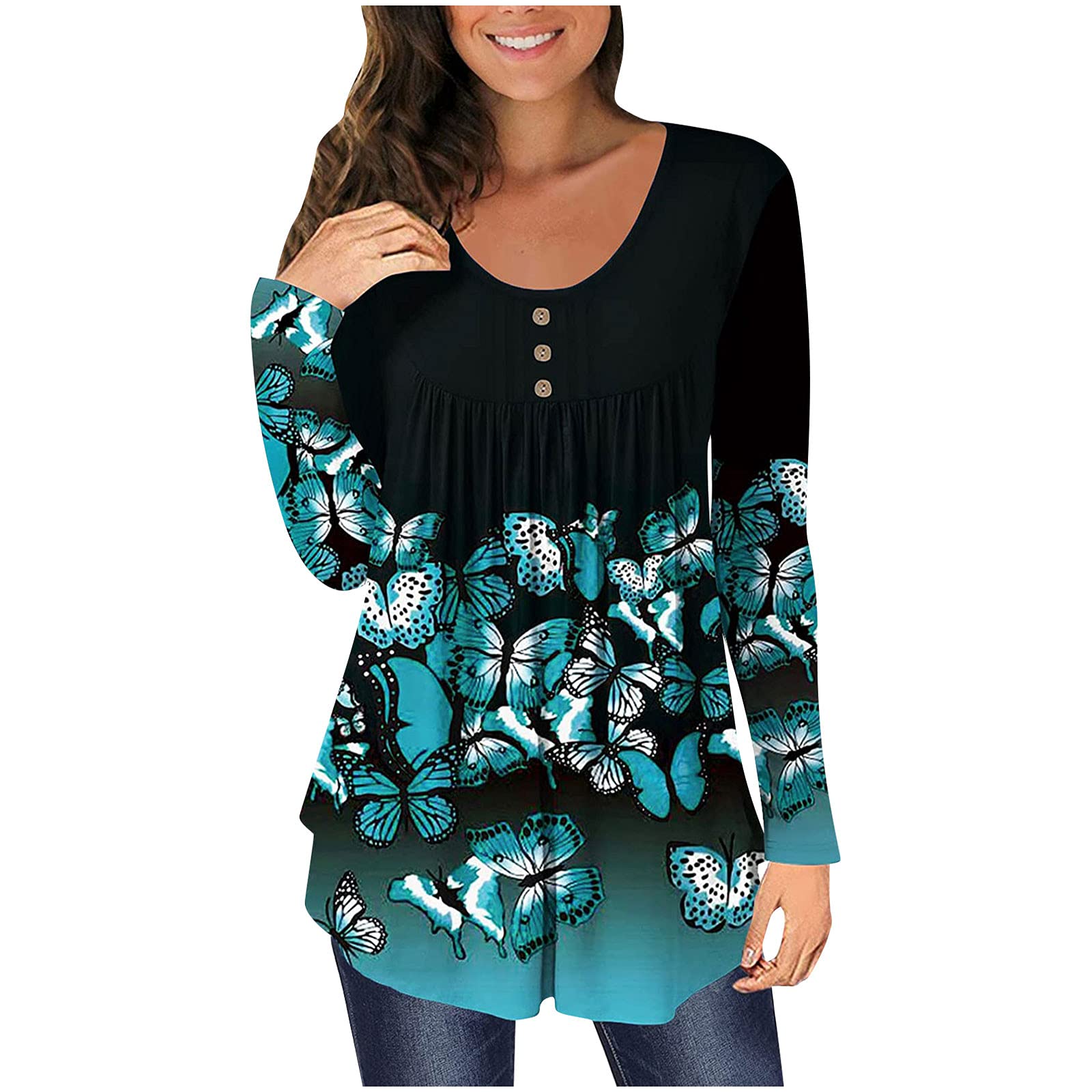 Women's Long Sleeve Flowy Tunic Tops - Butterfly Floral Print Half Button Down Blouse with Boatneck for Fall | Casual Office Wear & Date Night Outfits