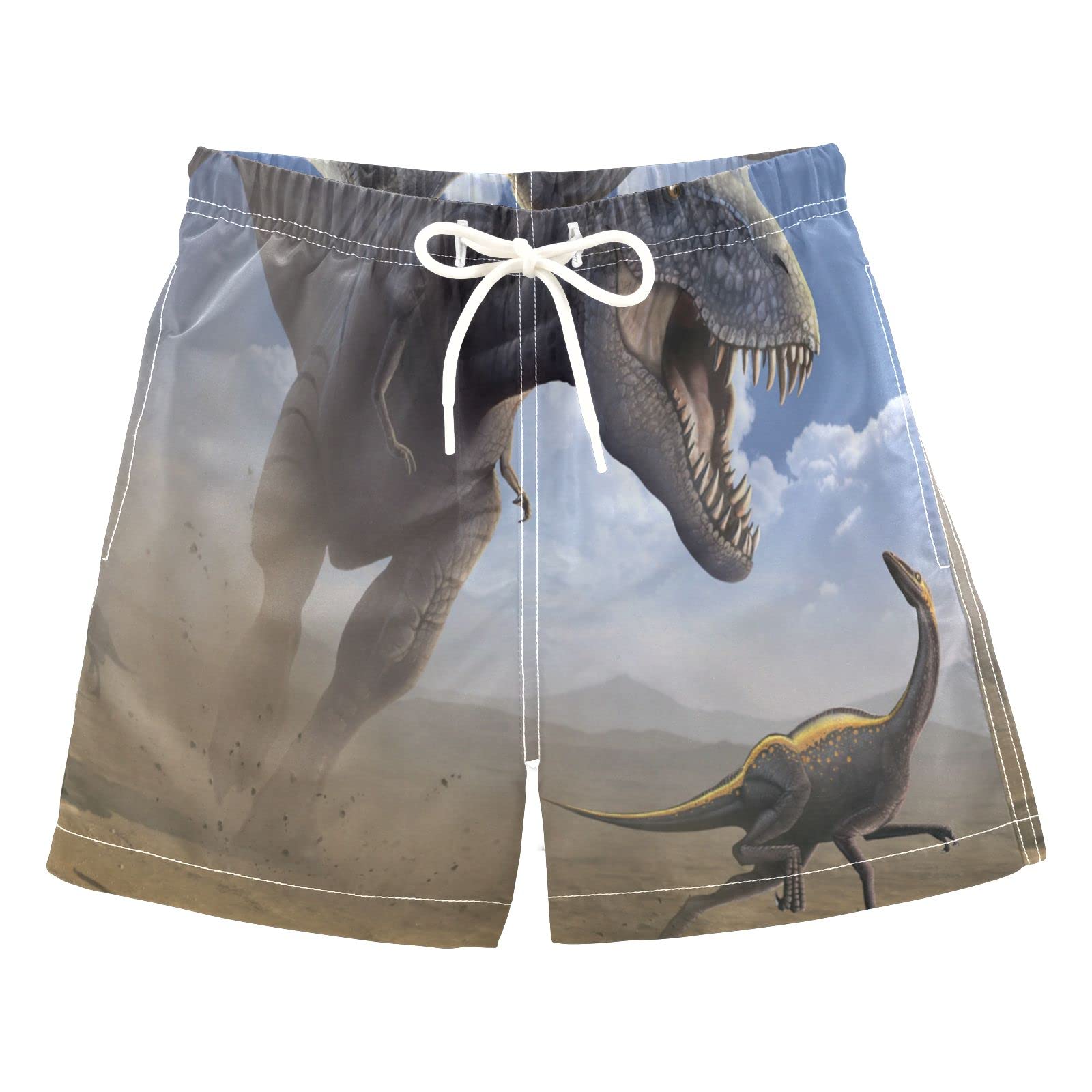 **Boys' Tyrannosaurus Dinosaur Print Swim Trunks - Quick-Dry Mesh Lined Swim Shorts with Adjustable Waist for Beach, Pool & Summer Fun**