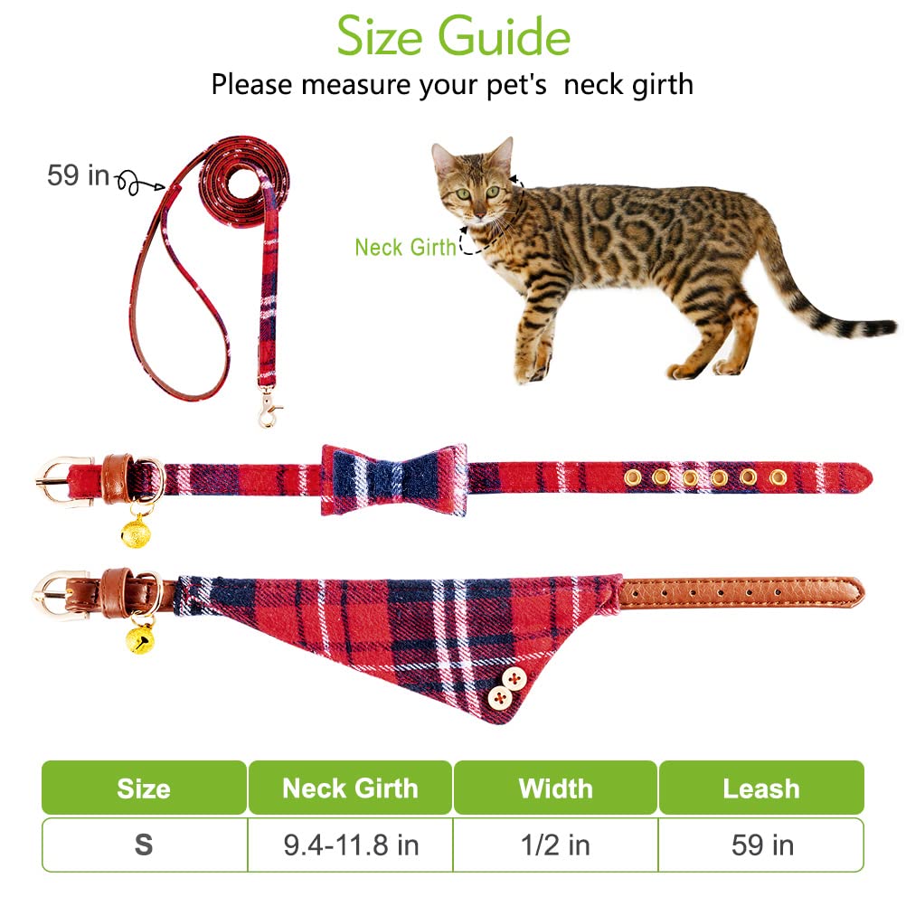 EXPAWLORER Adjustable Dog Collar and Leash Set with Plaid Bow Tie, Bandana & Bell - Tangle-Free Pet Leash for Small, Medium & Large Dogs - Perfect for Holidays, Walks & Gifting