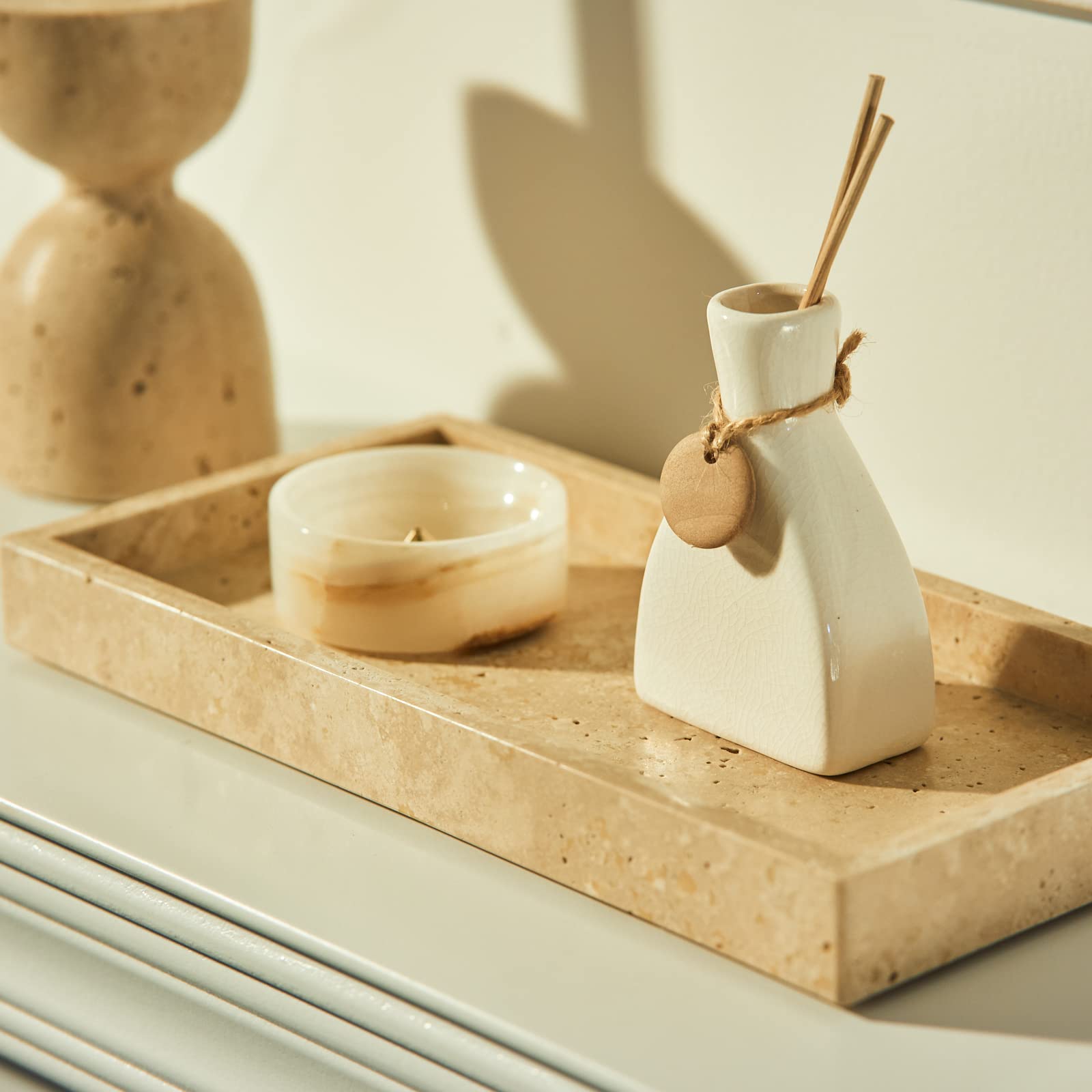 Italian 100% Marble Vanity Tray (12x6 Inches) - Premium Bathroom Counter Organizer, Kitchen Jewelry Holder, Dresser Decor & Coffee Table Serving Tray - Elegant Beige Travertine Stone for Home Decor & Gift Giving