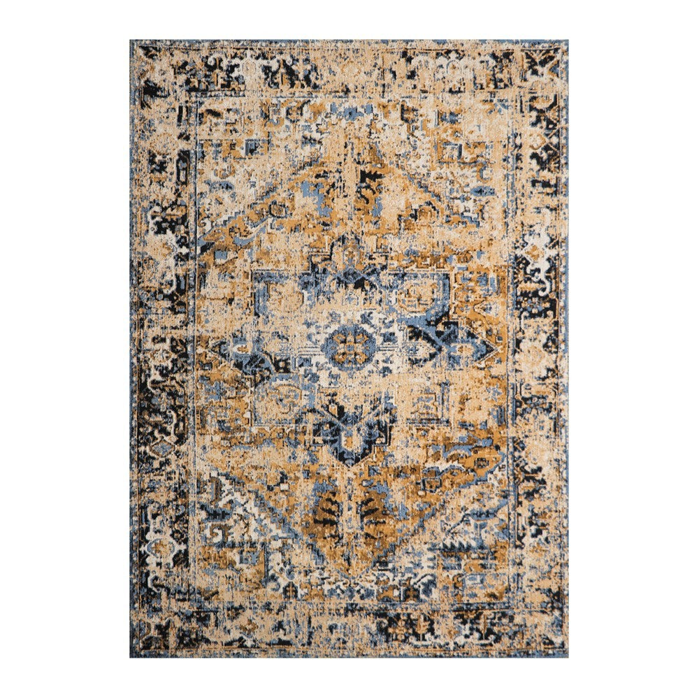 Premium Antalya Floor Rug - Navy & Mustard - 170cm x 240cm (5.6ft x 7.9ft) - Soft Handmade Turkish Rug for Living Room, Bedroom & Home Decor