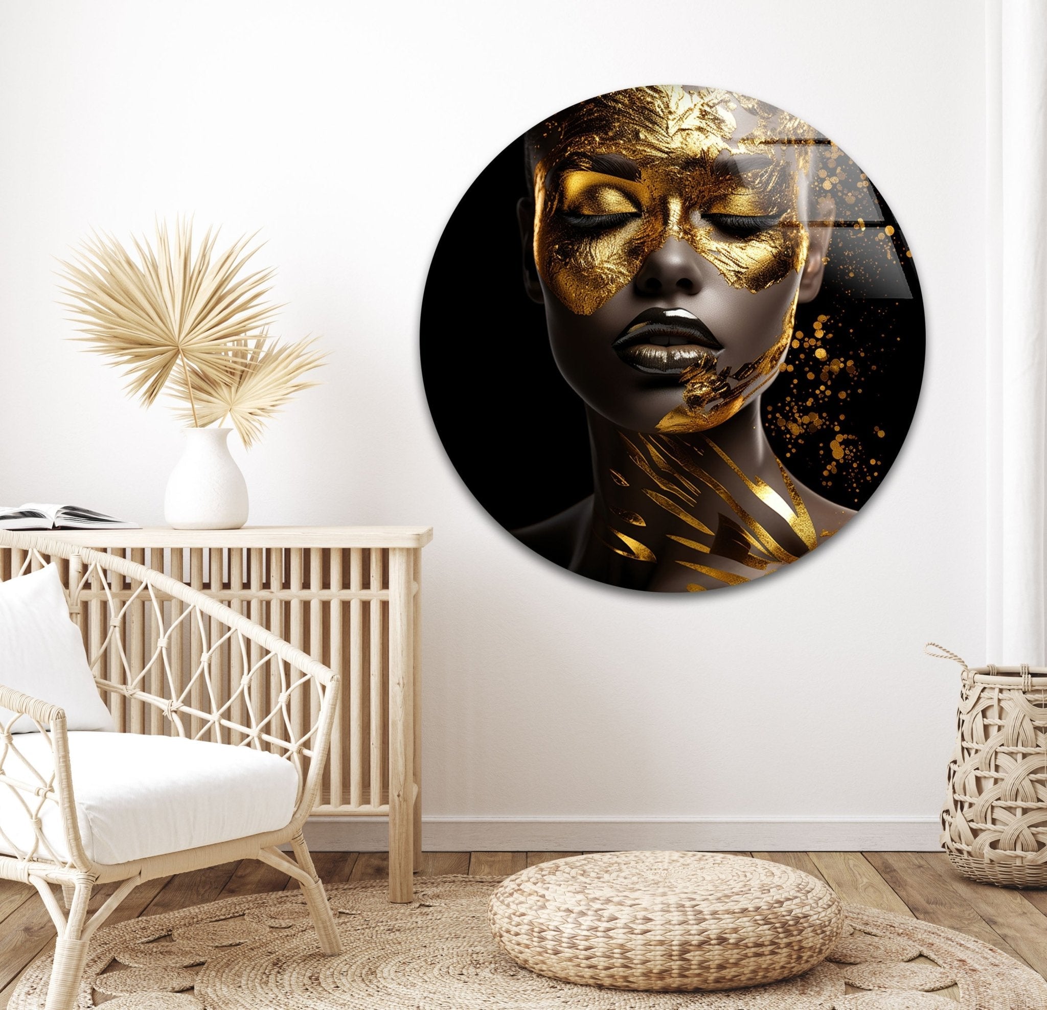 African Woman Portrait with Gold Face - Elegant Glass Wall Art for Living Room, Bedroom & Office Decor