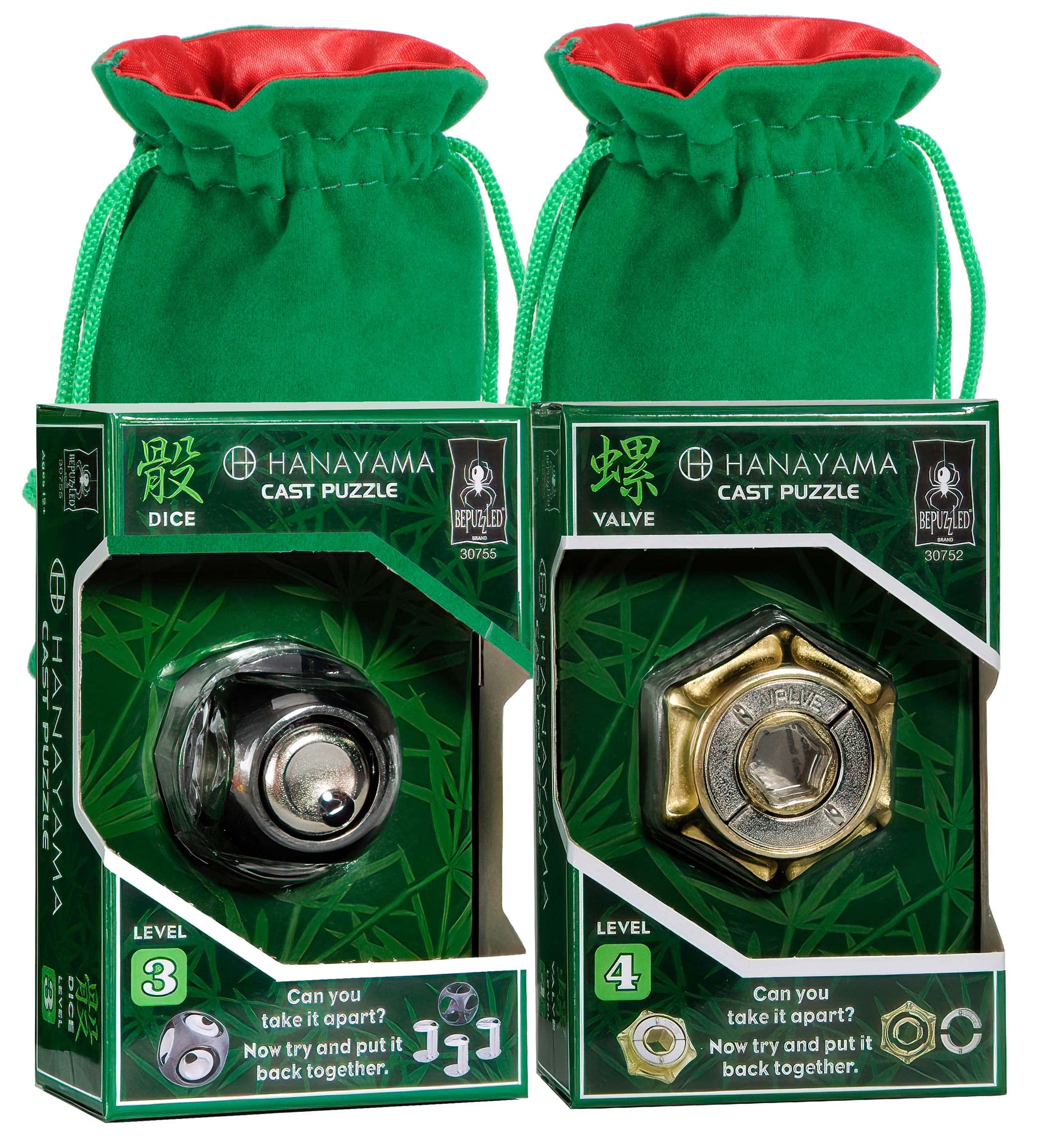 Hanayama Metal Brain Teaser Puzzles - 2022 New Releases Dice & Valve with 2 Green Velveteen/Red Satin Drawstring Pouches - Challenging Logic Games for Adults & Teens - Perfect for Office Stress Relief, Travel Entertainment & Gift Giving