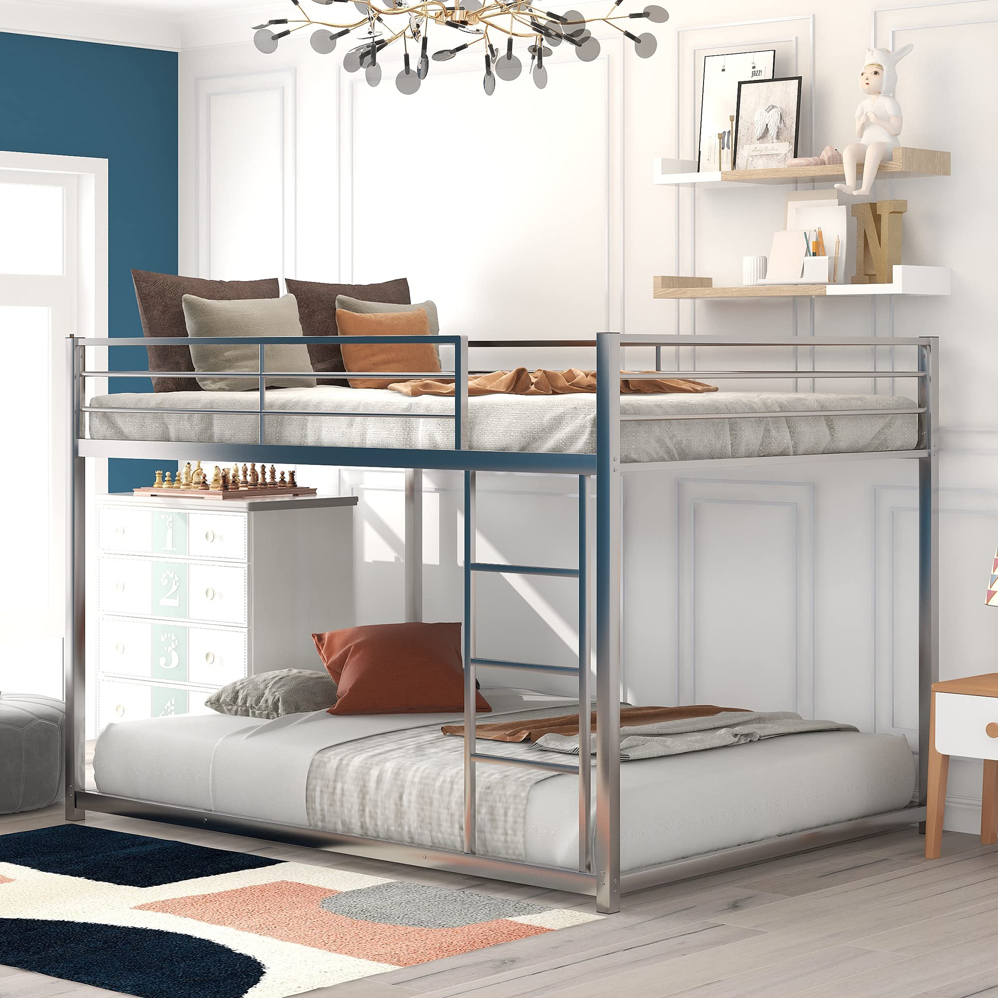 Full Over Full Metal Bunk Bed - Heavy Duty Low Profile Bunk Bed Frame with Safety Guard Rails & Flat Ladder for Kids, Teens, Adults (Silver) | Perfect for Small Bedrooms, Dorms, Guest Rooms & Vacation Homes