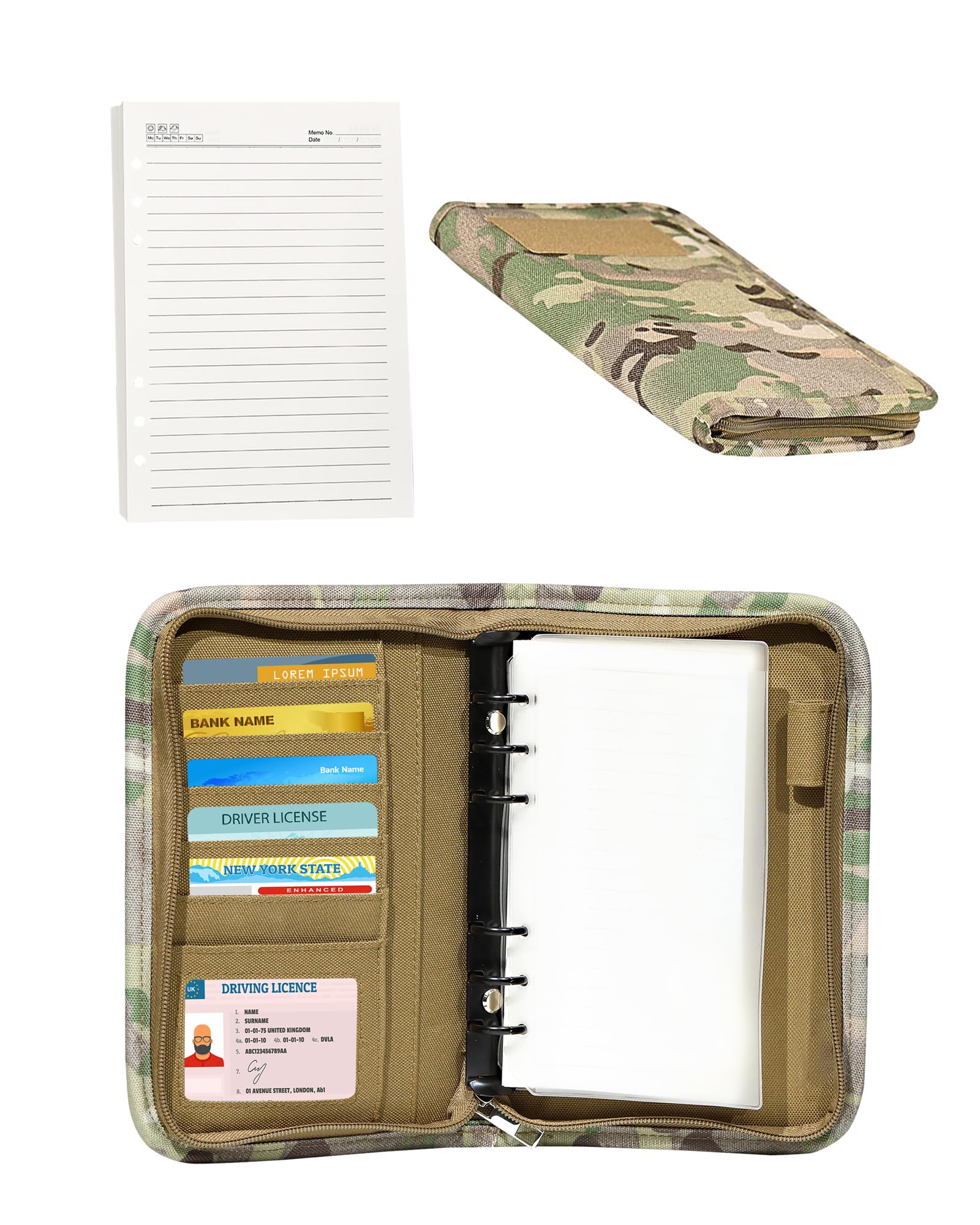 GEEDUD A6 Size 6-Ring Refillable Notepad with 88 Sheets 176 Pages Loose-Leaf Paper, Weatherproof Zippered Tactical Notebook Cover for Folders & Business Cards - Perfect for Office, School, Travel and Business Meetings