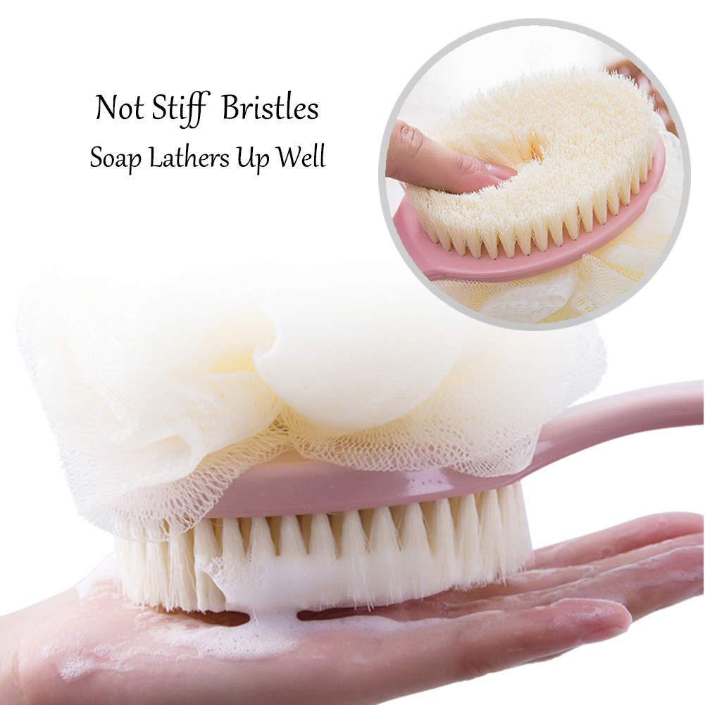 2 in 1 Bath Shower Brush Back Scrubber with Long Handle - Exfoliating Body Brush with Bristles & Loofah Sponge - Ergonomic Curved Design for Men & Women - Perfect for Deep Cleansing, Exfoliation & Relaxing Shower/Bath Time