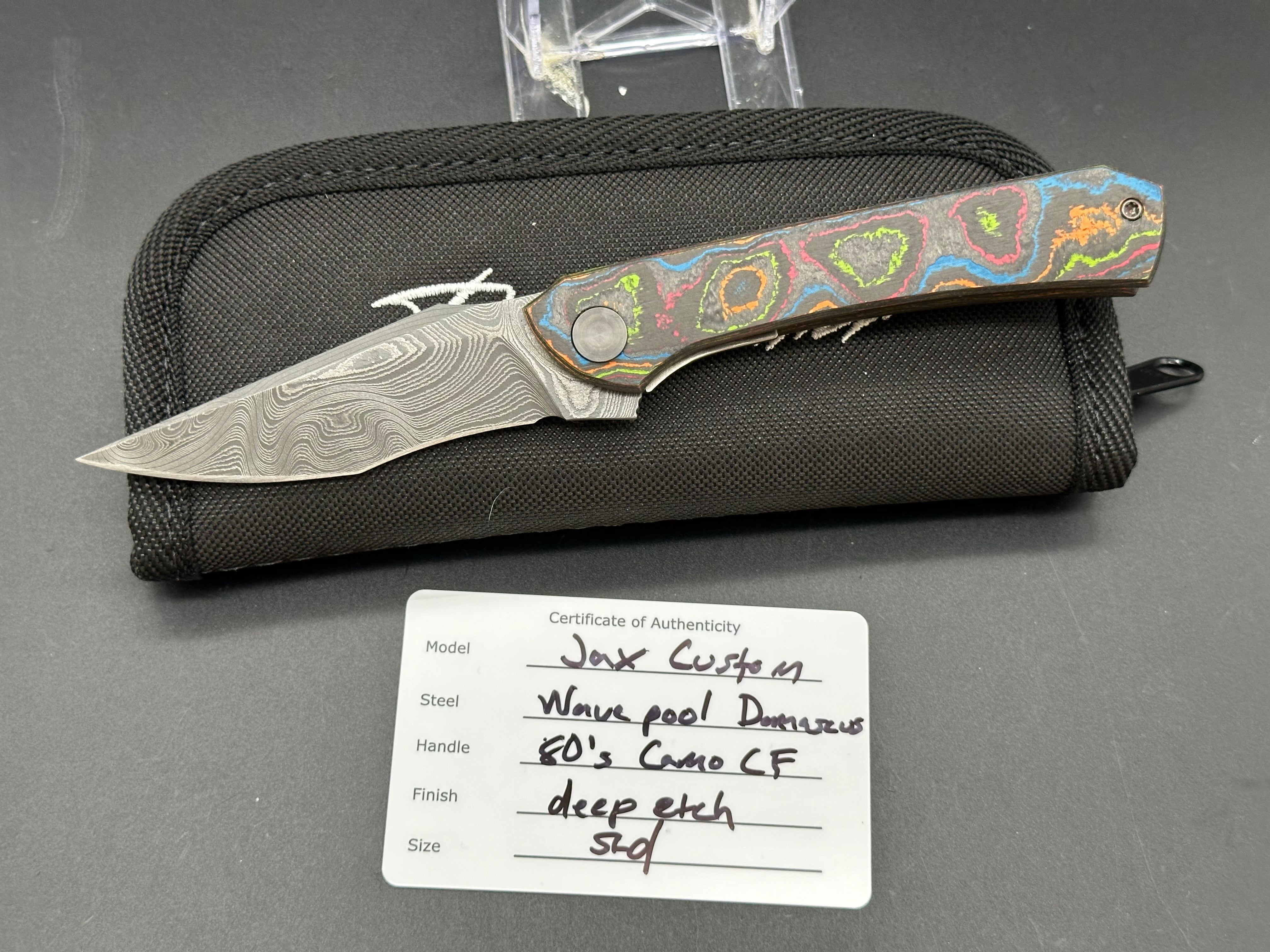Dan Carrahar Jax Custom 80's Camo Carbon and Nichols Wavepool Damascus Knife - Vintage Style Hunting & Outdoor Survival Tool - Perfect for Camping, Bushcraft, and Collectors