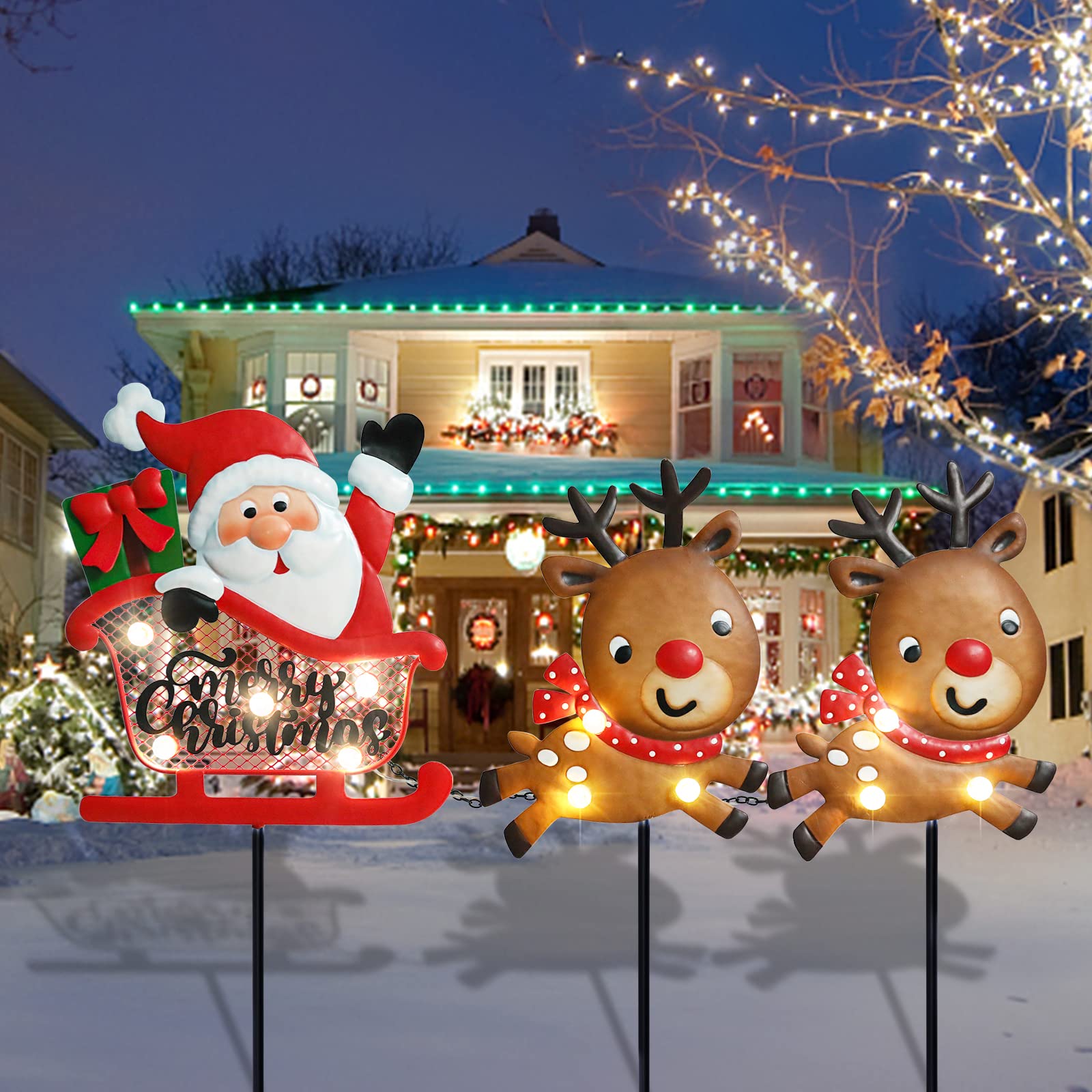 Wonder Solar Christmas Yard Signs Stakes - Santa's Reindeer LED Lighted Outdoor Decor for Garden, Patio, Lawn | Weatherproof Holiday Decoration for Christmas, Xmas Party & Winter Festivities