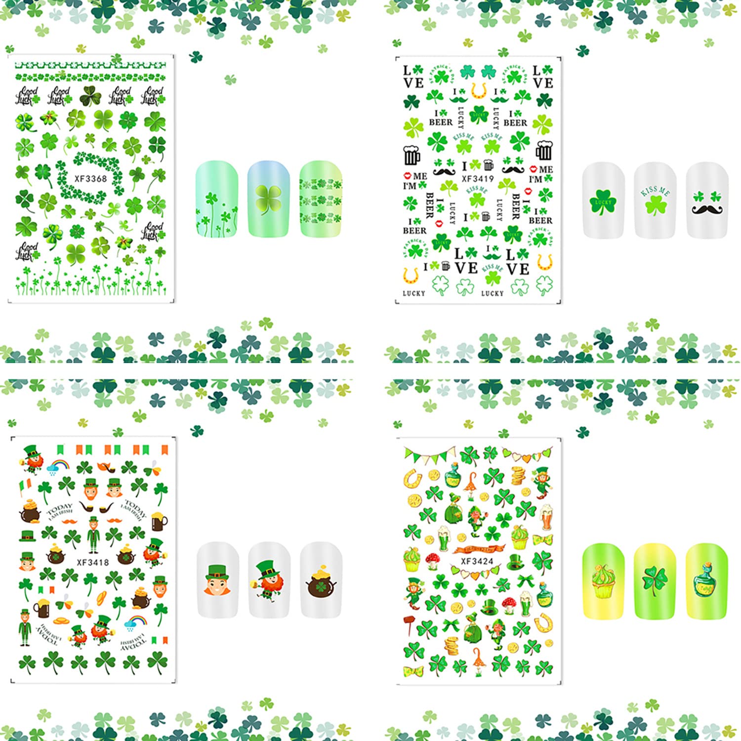 3D Shamrock Nail Stickers - 10 Sheets Green Clover Nail Art for St. Patrick's Day | DIY Nail Decoration for Women & Girls