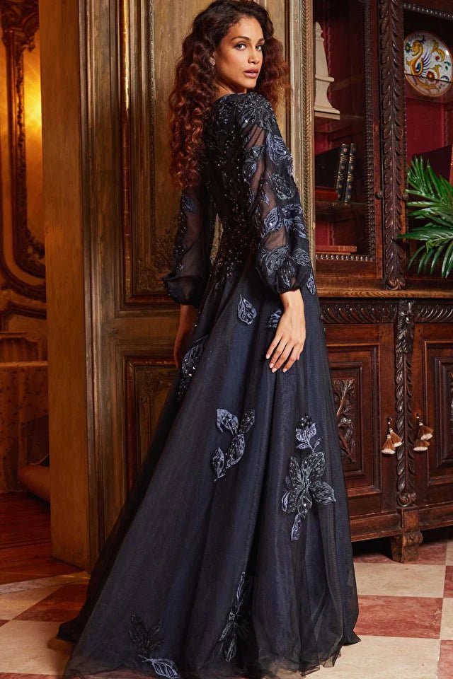 Jovani 09943 Navy Blue Embroidered A-Line Evening Gown for Women | Formal Party Dress | Prom, Wedding, Cocktail & Special Occasions
