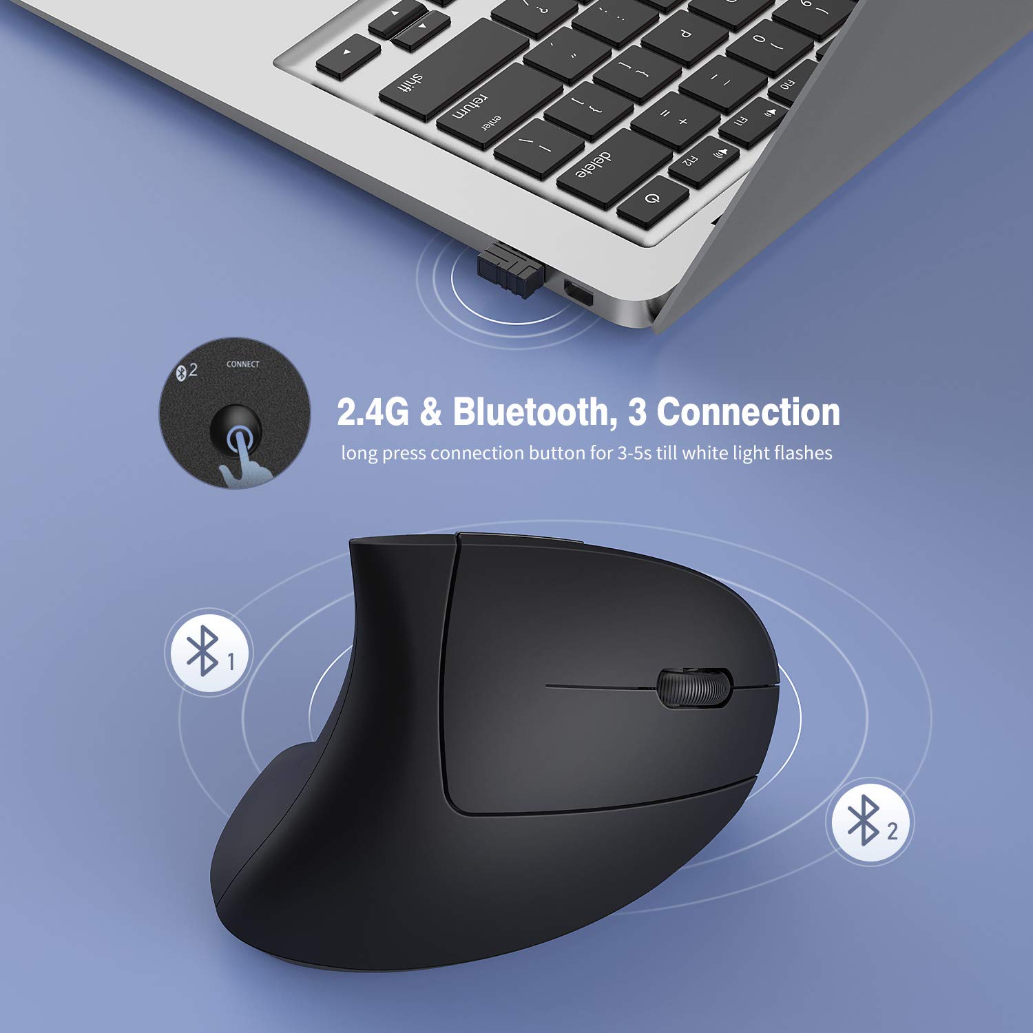 ZYTUA Ergonomic Bluetooth & 2.4GHz Wireless Rechargeable Vertical Mouse - Comfortable for PC, Laptop, MacBook - Perfect for Office Work, Gaming & Long Computing Sessions