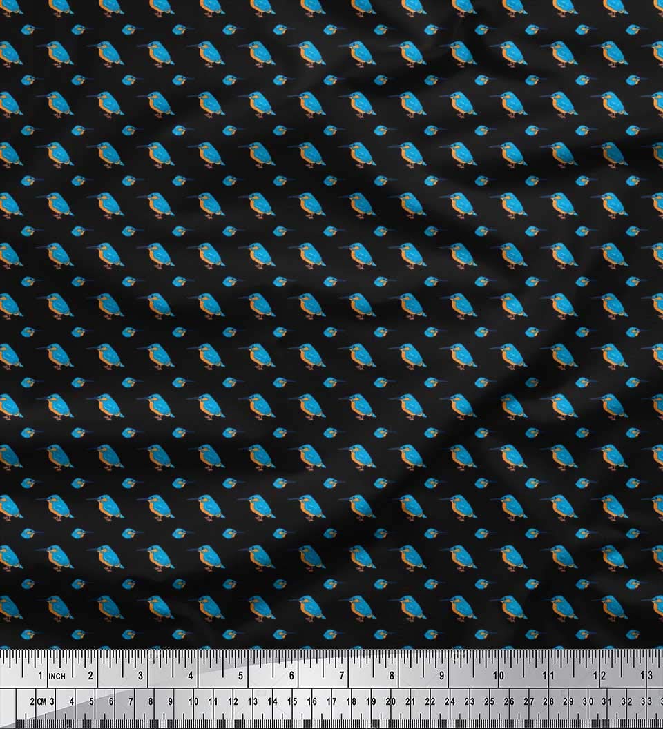 Soimoi Poly Georgette Black Fabric by The Yard - 42 Inch Wide Kingfisher Bird Printed Shirting Fabric for Dresses, Blouses & Scarves - Lightweight Flowy Material for Elegant Apparel & DIY Sewing Projects