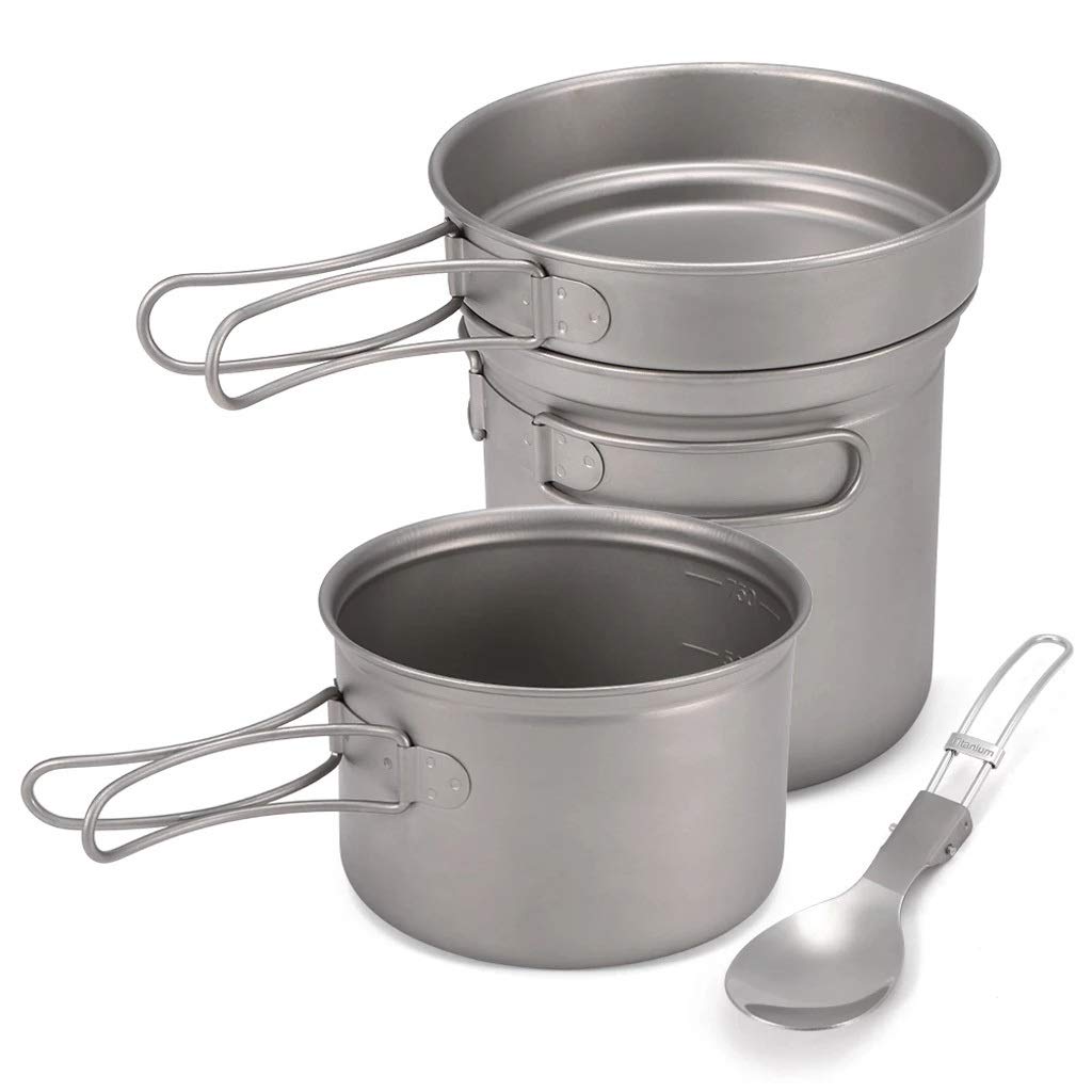 XXDZP Titanium Camping Cookware Set - 1000ml & 750ml Lightweight Pots with Pan & Spoon - Ultralight Backpacking Gear for Hiking, Camping & Outdoor Adventures - Perfect for Backcountry Meals, Picnics & Survival Cooking