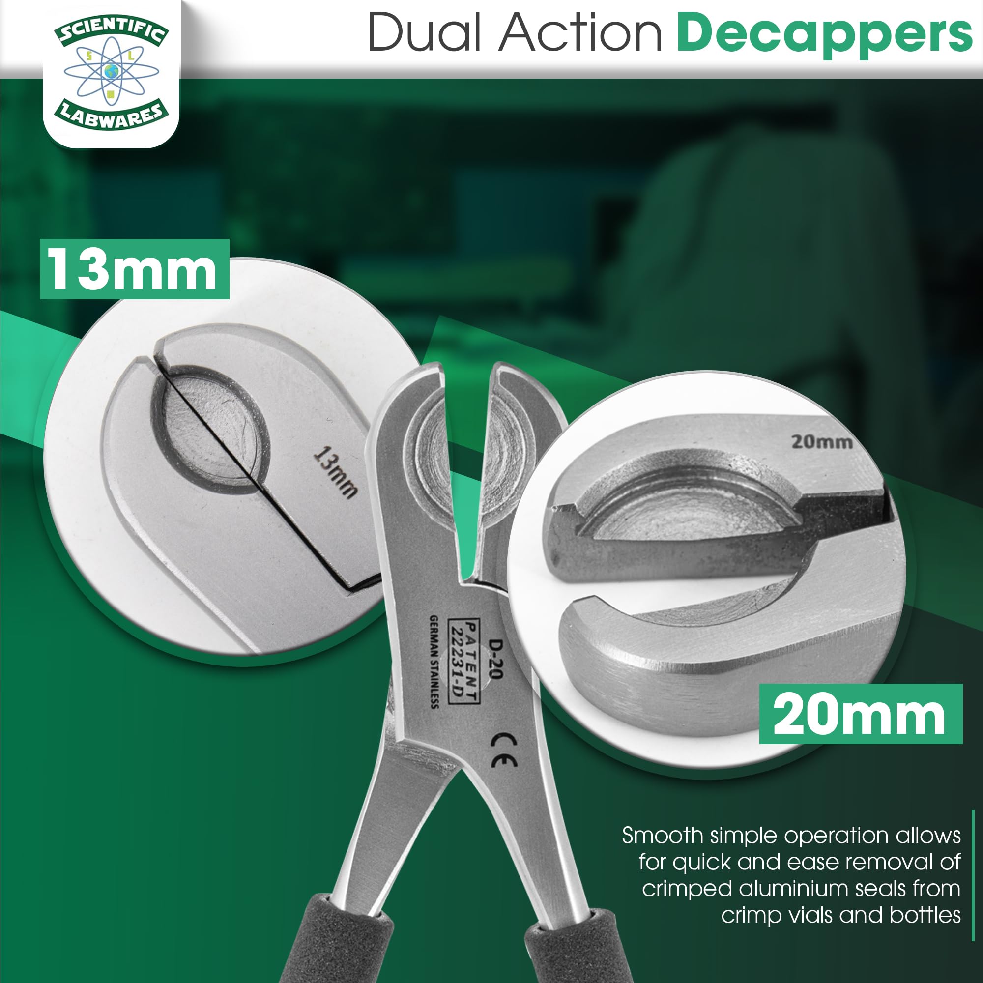 Dual Action Decapper Pliers for Crimped Vials and Bottles - 13mm & 20mm Lab Tools for Scientific Research and Pharmaceutical Use - Perfect for Laboratory, Medical, and Home Brewing Applications