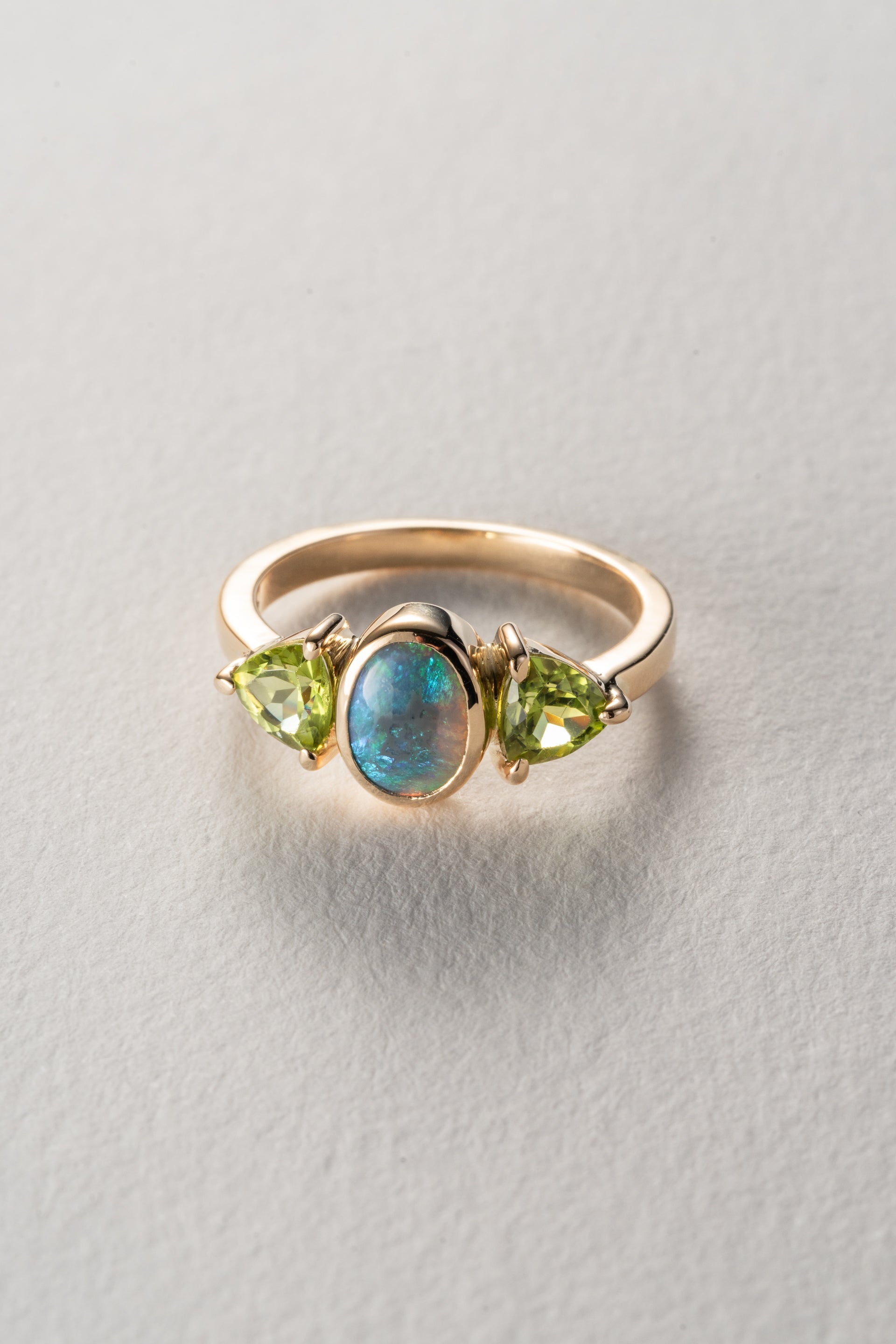14K Yellow Gold Envy Opal and Peridot Ring - Elegant Stackable Band for Women, Perfect for Wedding, Anniversary & Everyday Jewelry