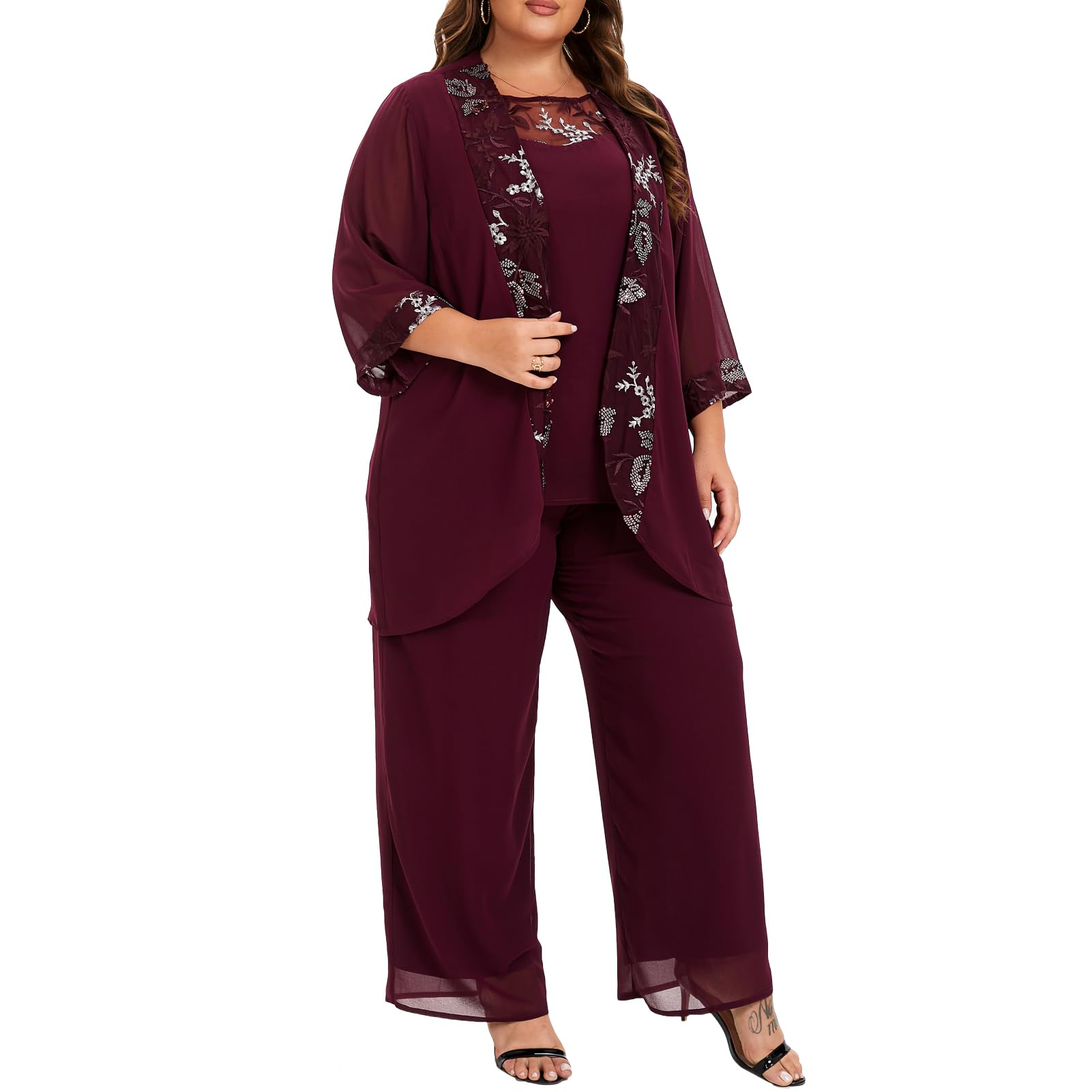 Plus Size Women's 3-Piece Chiffon Wedding Pant Suit - Elegant Mother of The Bride/Groom Outfit for Weddings, Parties & Evening Events