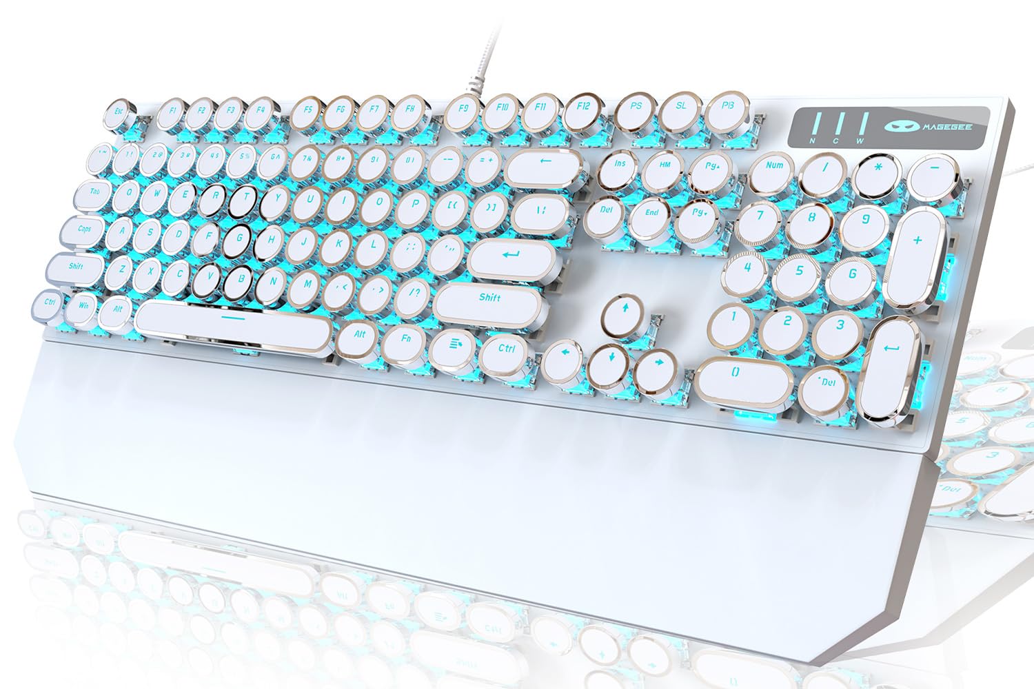 Retro Typewriter Style Mechanical Gaming Keyboard - White Punk Design with Blue Backlit, 104 Keys Blue Switch Wired Keyboard for Windows/Mac/PC - Perfect for Gaming, Typing & Office Work with Unique Round Keycaps