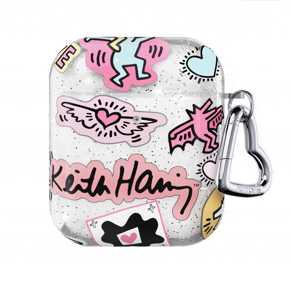Keith Haring Pastel Glitter AirPods Case - Cute Protective Cover for AirPods 1/2/3 & Pro - Trendy Accessory for Music Lovers & Fashion Enthusiasts - Perfect Gift for iPhone Users