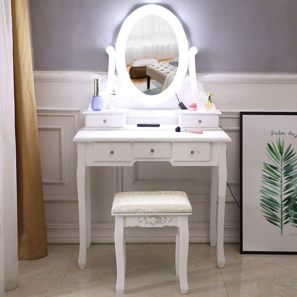 Vanity Table Set with 5 Drawers, Makeup Dressing Desk with Stool, LED Lights Mirror & Storage - White Modern Dressing Table for Women & Girls (31x15x55 Inch) - Perfect for Bedroom, Dressing Room & Home Decor