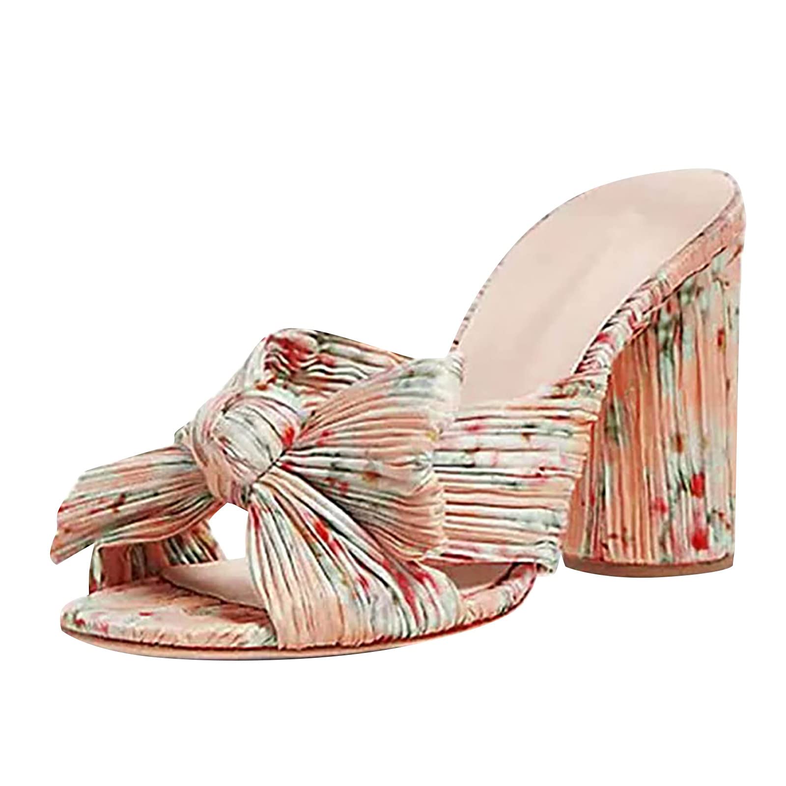 Women's Fashion Sandals with Thick Heel - Bow Silk Retro Buckle Sandals for Ladies - Silver Comfortable Slippers & Bubble Shoes for Summer, Beach, Party & Casual Wear