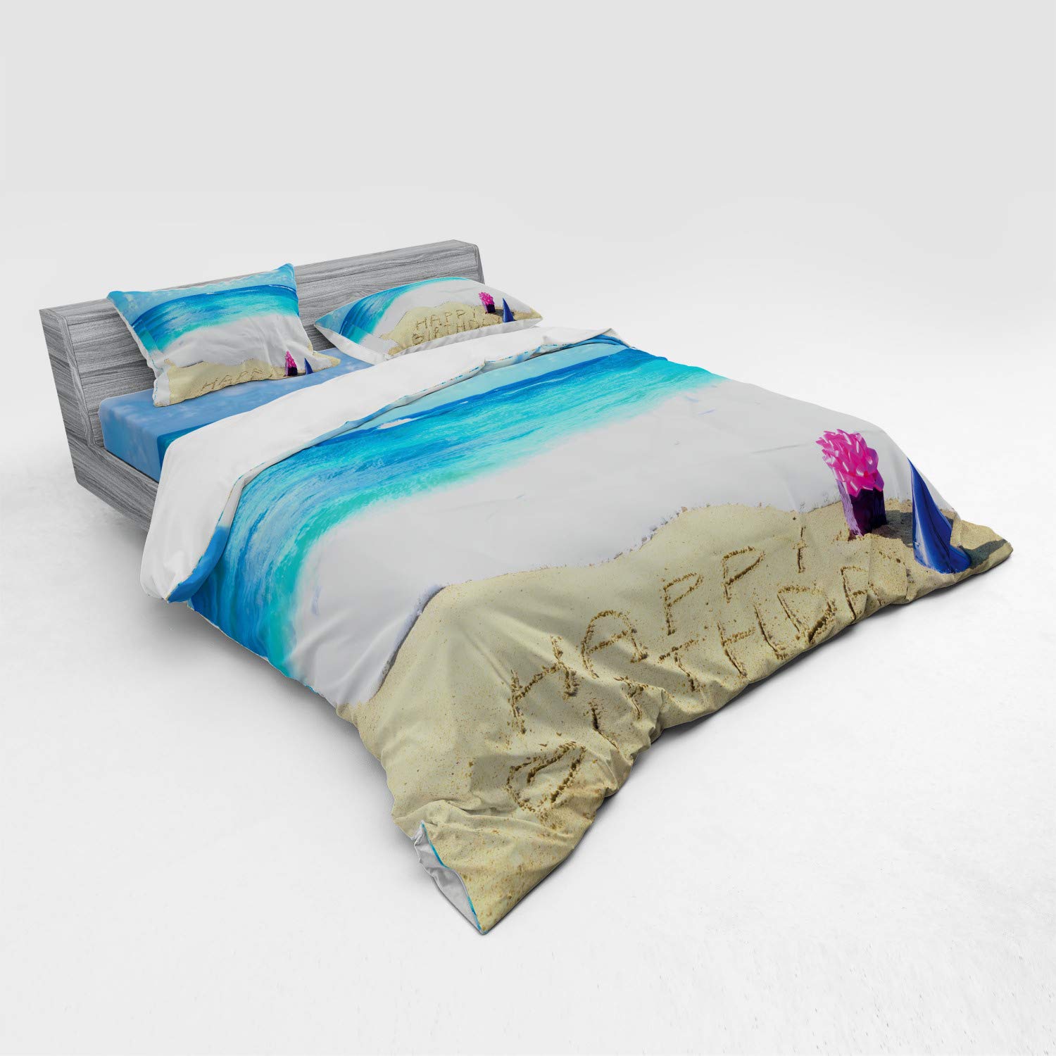 Ambesonne Birthday Bedding Set - Happy Birthday Celebration Sandy Beach Theme with Party Hats & Gifts, 4-Piece Duvet Cover Set with Shams & Fitted Sheet, King Size in Blue, Pale Brown & Pink - Perfect for Birthday Parties, Beach-Themed Bedrooms & Gift Giving