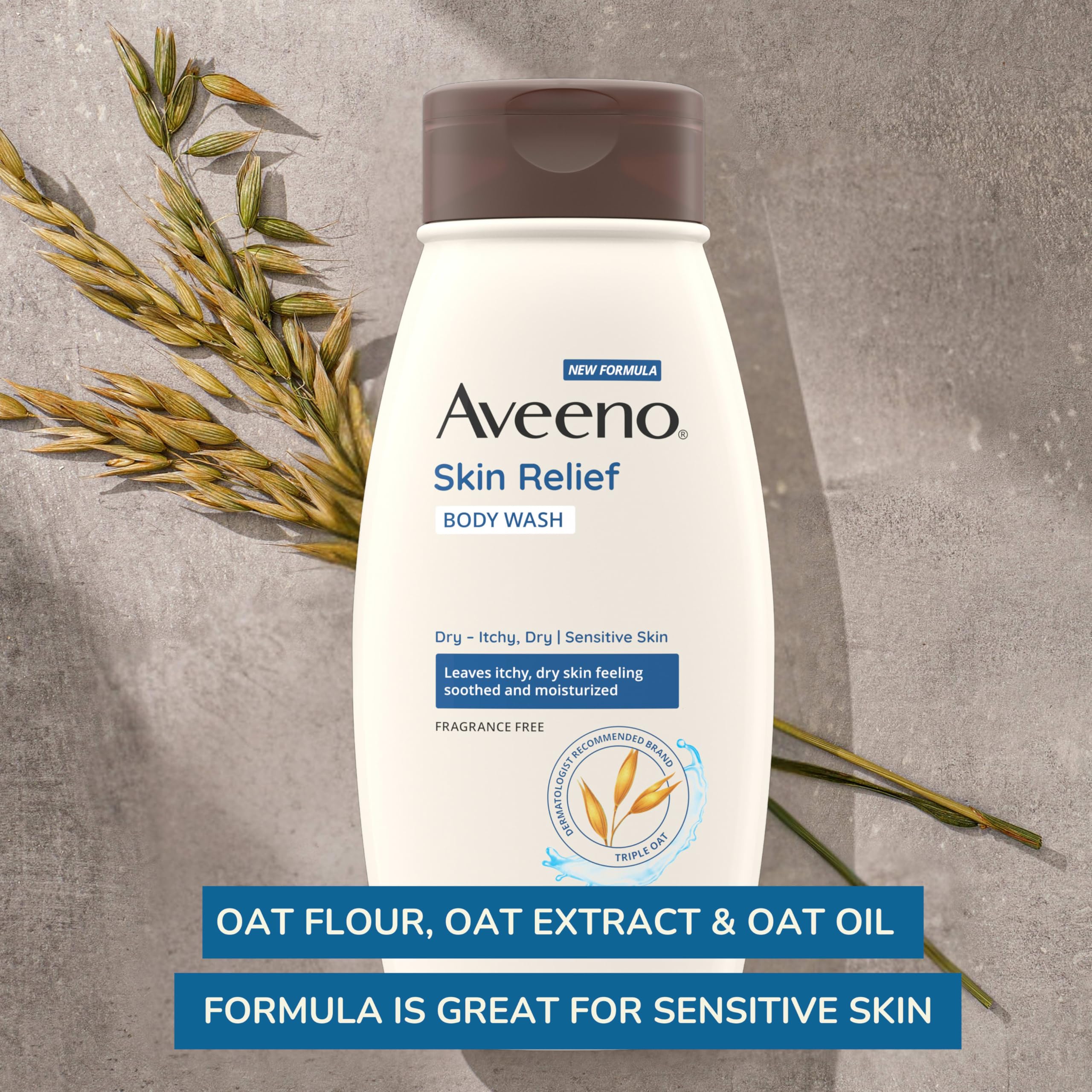 Aveeno Skin Relief Fragrance-Free Body Wash with Triple Oat Formula - Gentle Daily Cleanser for Sensitive Skin - Soothes & Moisturizes Itchy, Dry Skin - Soap-Free, 18 fl oz - Perfect for Shower & Bath Time