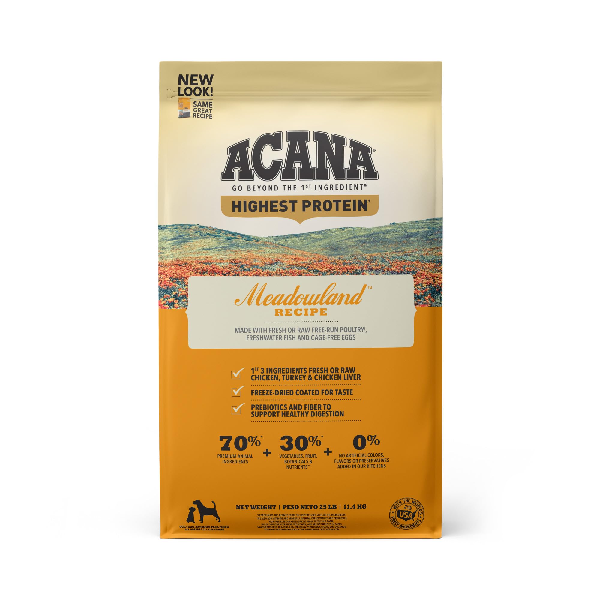 Acana Highest Protein Grain Free Dry Dog Food - Meadowland Recipe for Large & Small Breeds - Perfect for Active Dogs & Outdoor Adventures