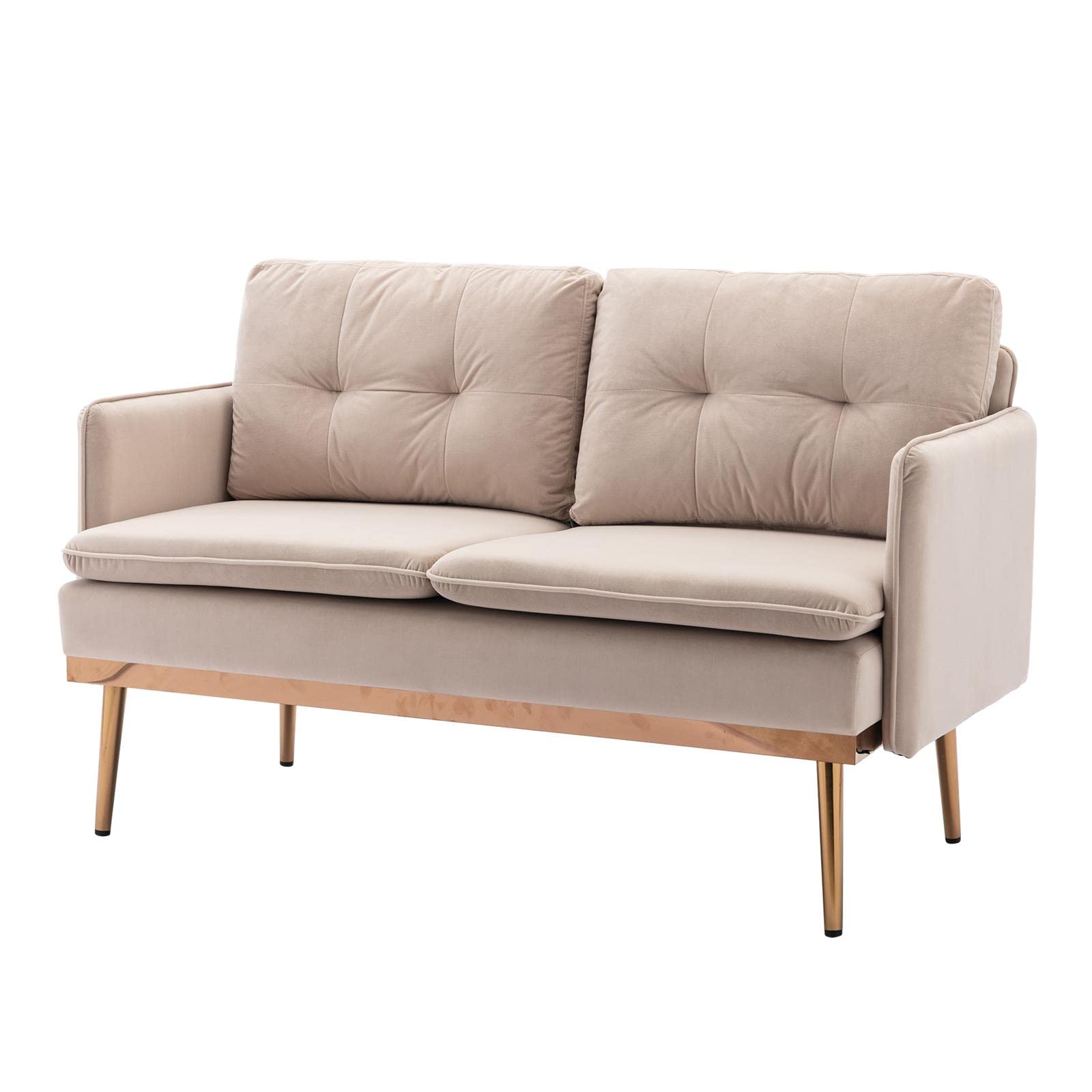 Mid Century Modern Velvet Sofa with Gold Metal Feet - Luxurious Accent Couch for Living Room, Loveseat & Home Decor - Perfect for Small Spaces & Apartment Lounge (Beige)