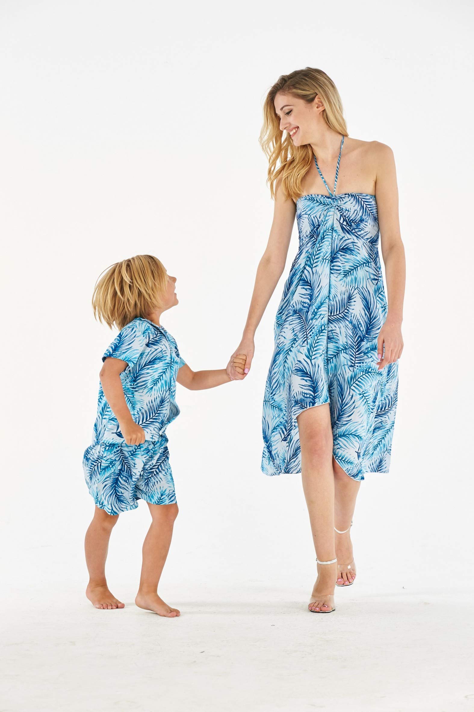 Matching Mother and Son Hawaiian Luau Outfits - Tropical Blue Leaf Print Aloha Shirt & Dress Set for Family Beach Vacation, Summer Party, and Hawaiian Theme Events