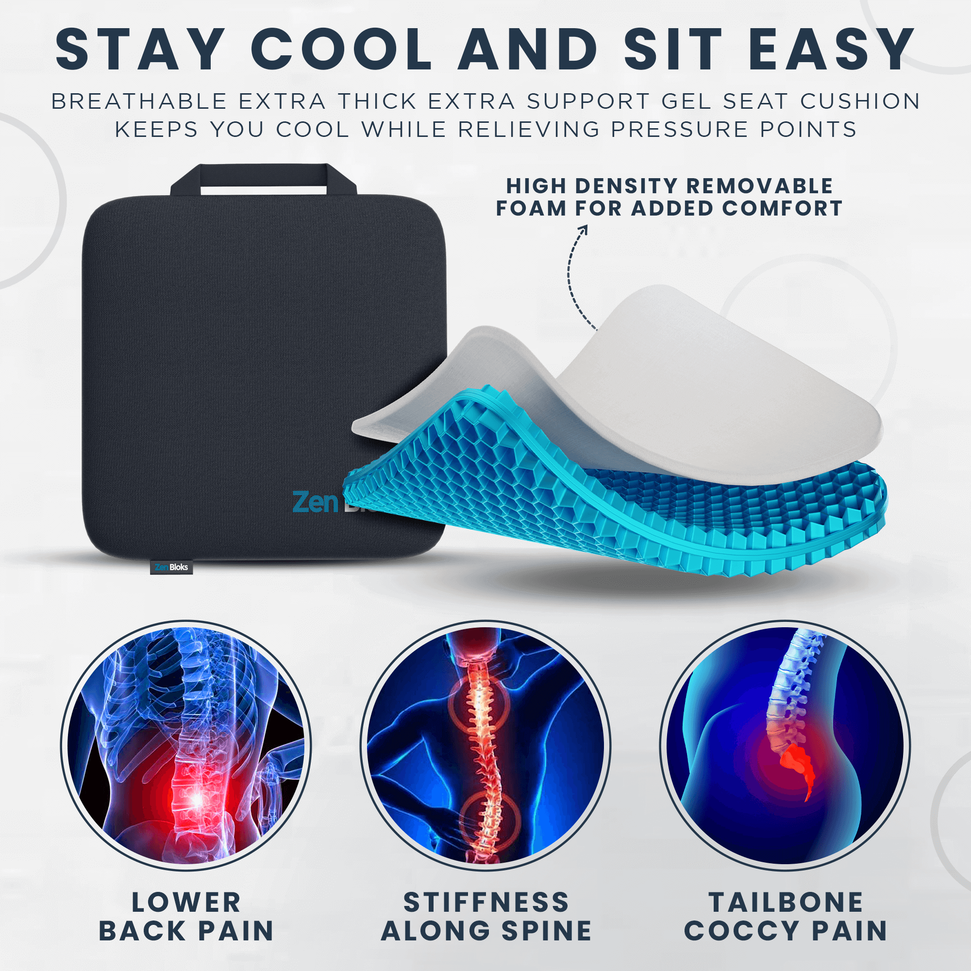 ZenBloks XL Gel Seat Cushion for Pressure Relief – Orthopedic Comfort for Office Chair, Car Seat & Wheelchair – Perfect for Long Sitting, Driving & Back Pain Relief
