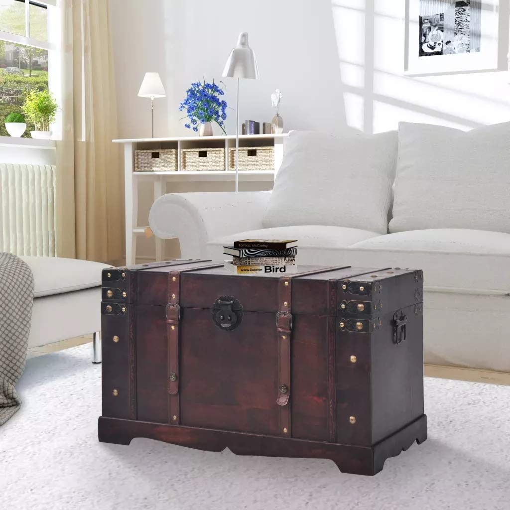 Vintage Wood Storage Chest - Handmade Wooden Trunk Treasure Box, Brown, 26