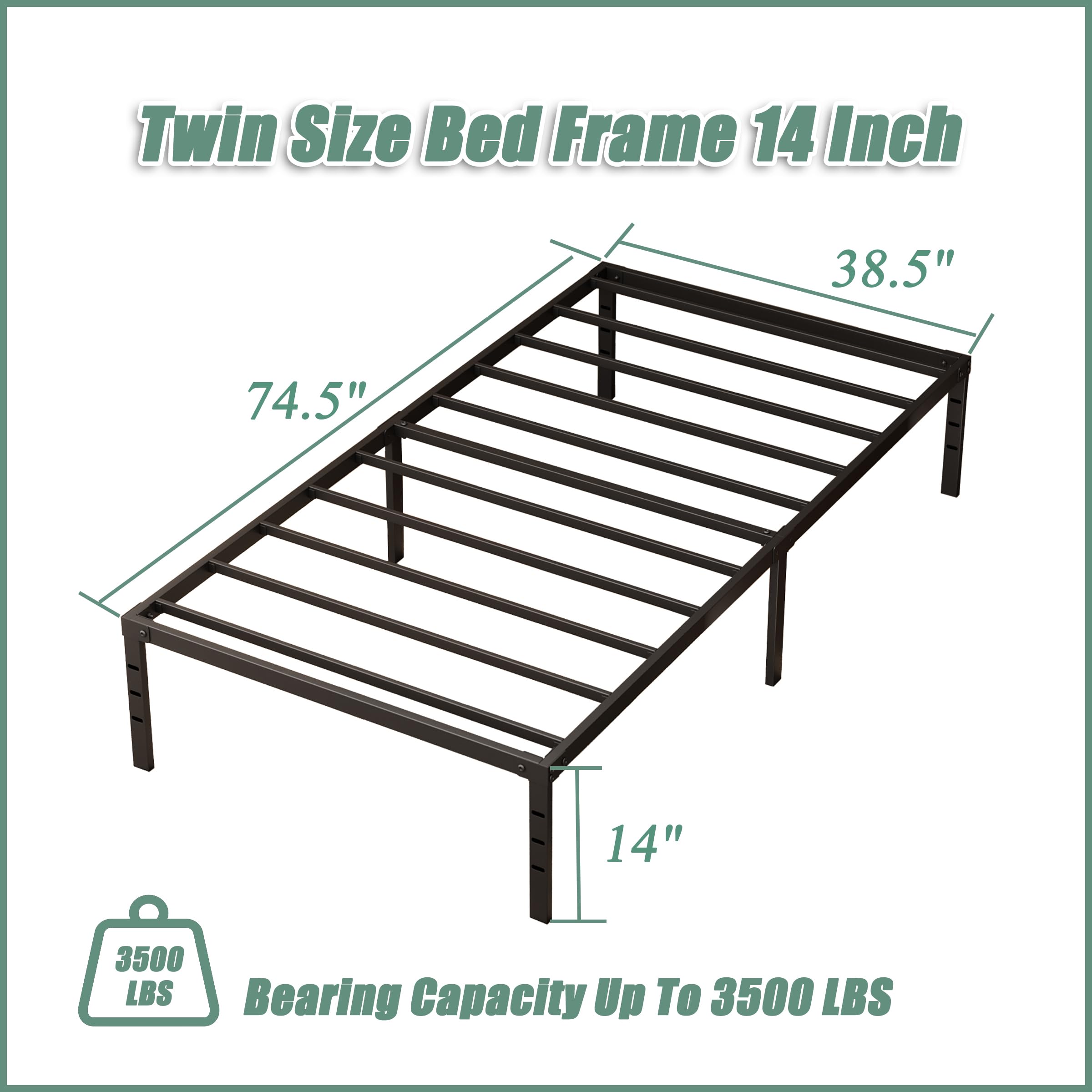 14 Inch Heavy Duty Metal Twin Bed Frame - No Box Spring Needed, Steel Slat Support Platform Bed | Easy Assembly, Noise Free & Non-Slip Black Design | Perfect for Kids Rooms, Guest Beds & Small Spaces