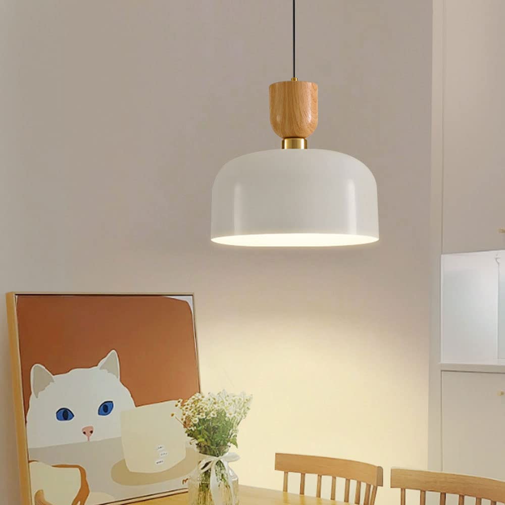 STUFY Modern Pendant Lighting - White Aluminum Industrial Hanging Light with Wooden Accents, Creative Geometric Ceiling Fixture for Hallway, Cafe, Office & Restaurant Decor | Perfect for Dining Room, Kitchen Island & Commercial Spaces