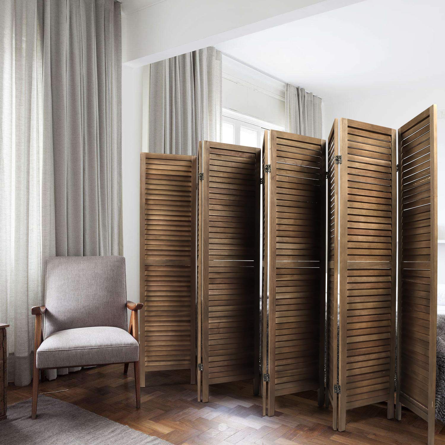 JAXPETY 8 Panel Wooden Room Divider - 5.6 Ft Tall Folding Privacy Screen with Oriental Design for Home, Office & Bedroom - Freestanding Louvered Partition (Brown) | Perfect for Creating Private Spaces, Home Decor & Room Separation