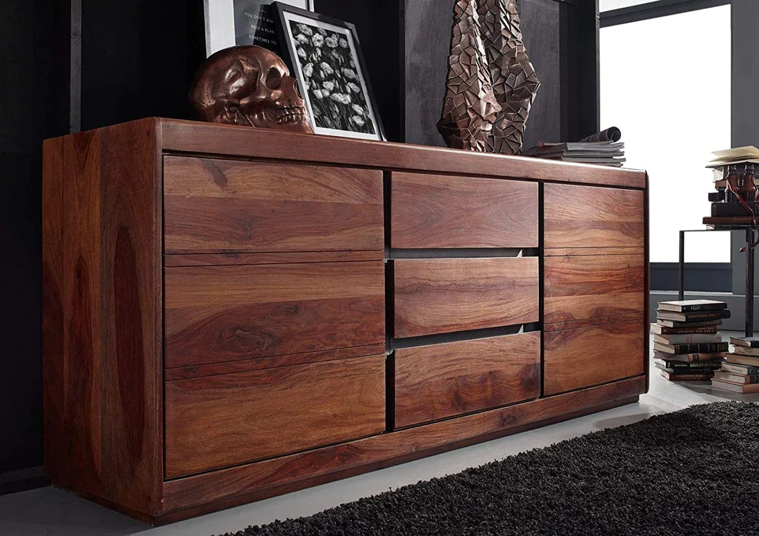 Gfine Solid Sheesham Wood Sideboard - 2 Doors & 3 Drawers, 70
