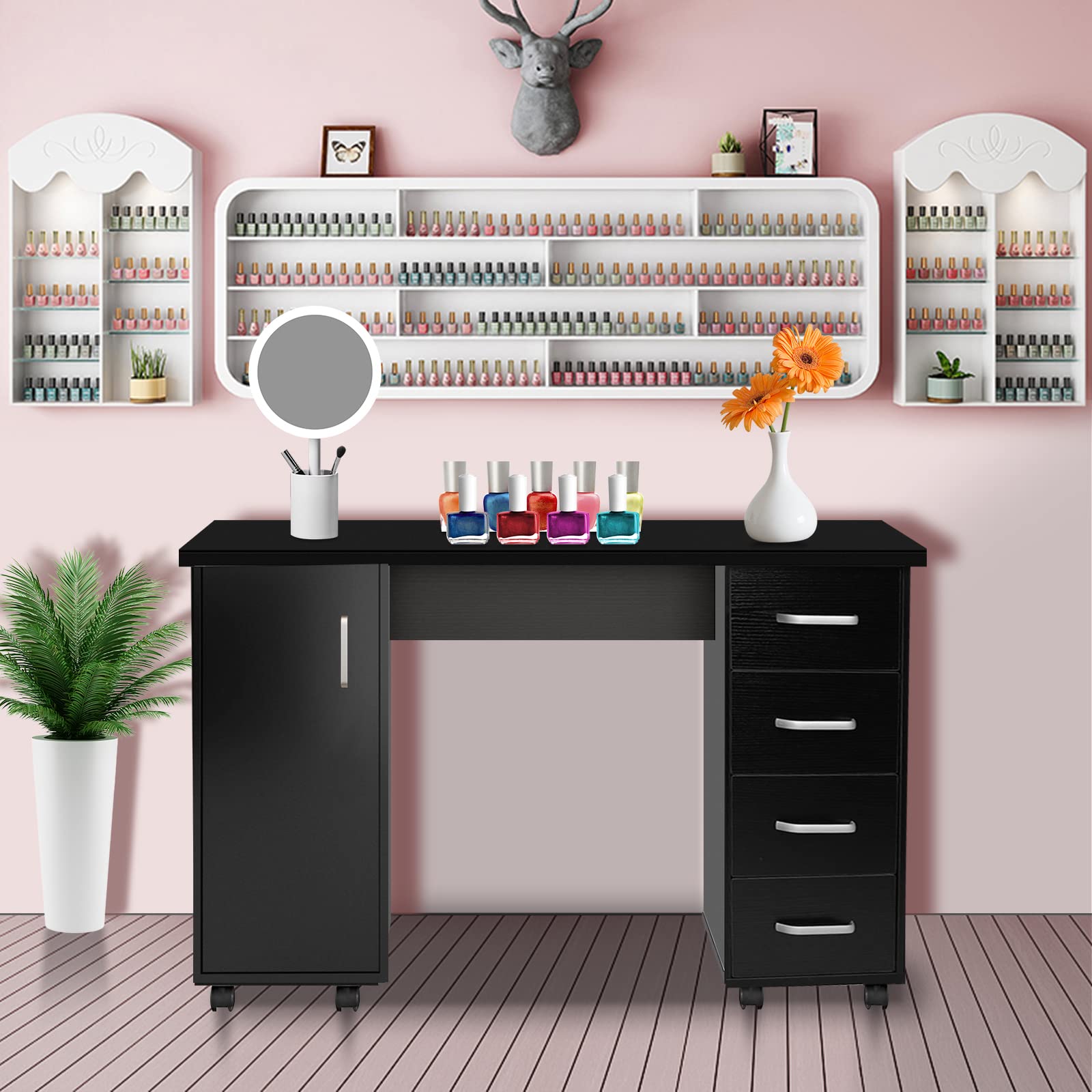 Professional SSLine Manicure Nail Table Station with Wheels - Portable Nail Salon Desk with 4 Drawers & Cabinet - Black Beauty Spa Workstation for Nail Art & Pedicure - Perfect for Home Salons, Spas & Professional Nail Technicians