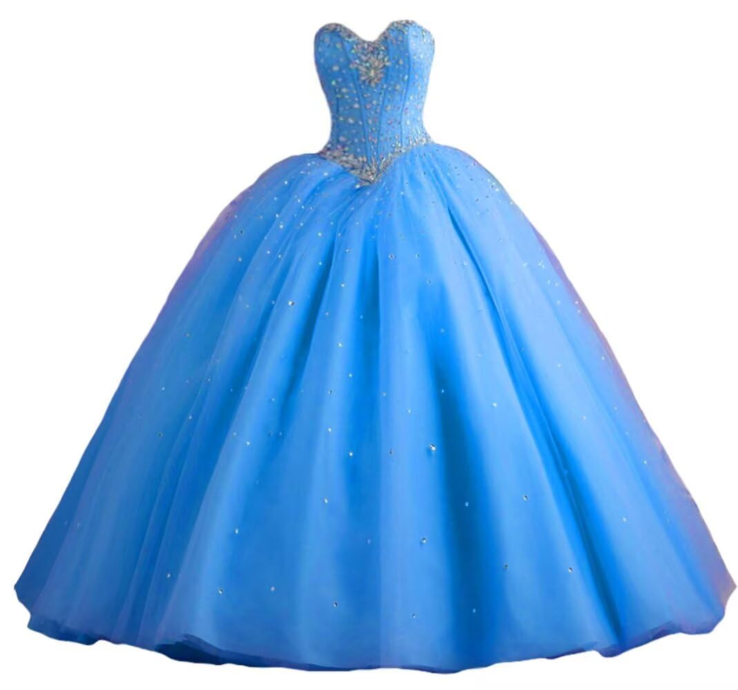 Elegant Blue Crystal Sequins Ball Gown - Women's Quinceañera & Prom Long Dresses with Silver Beaded Details | Perfect for Formal Parties, Sweet 16 Celebrations & Special Occasions (Size 6)