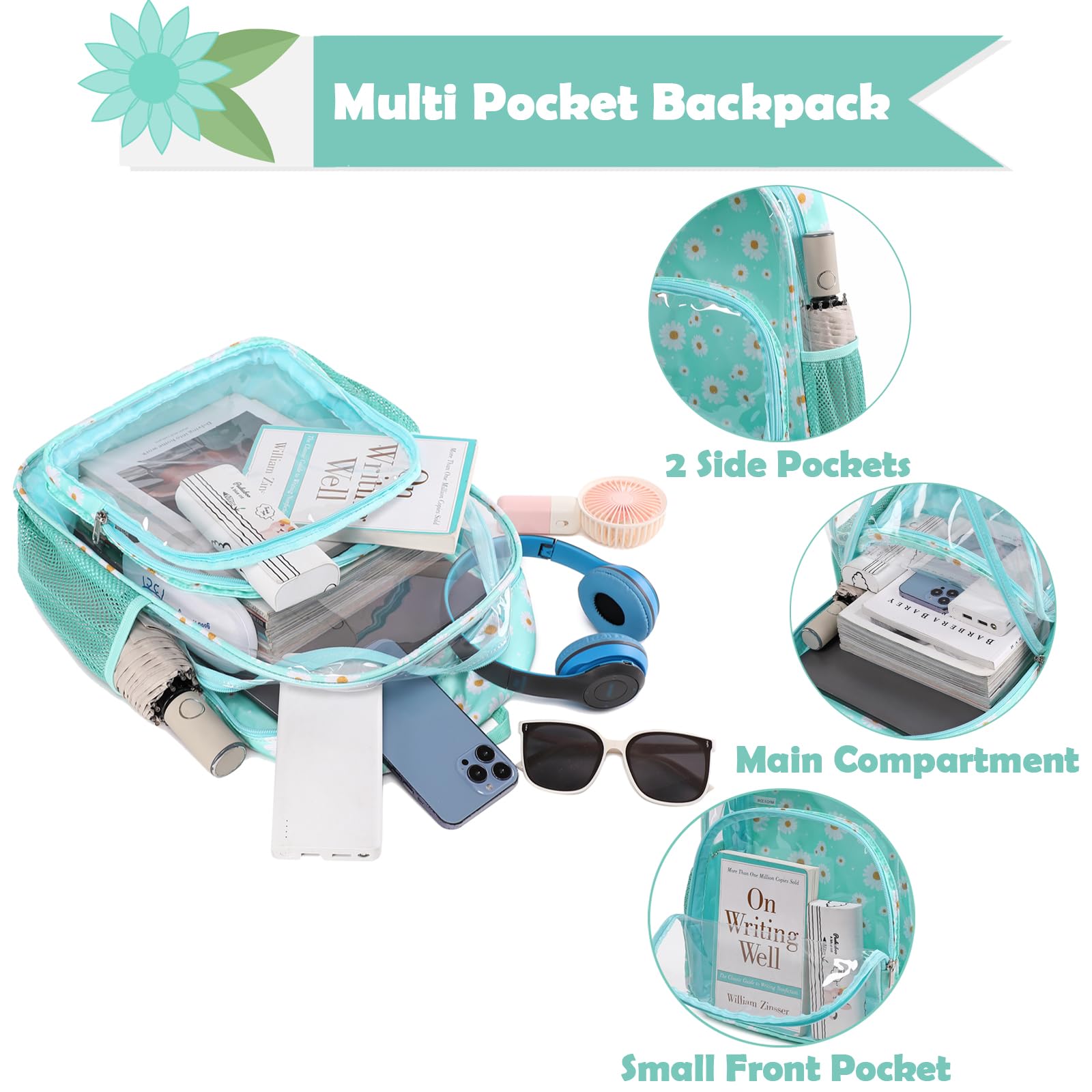 Kimwadalh Heavy Duty Clear Backpack - Green Daisy TPU Transparent Backpack for Women & Girls, Large Capacity College Backpack for Work, Travel, Beach & Swimming | Perfect for School, Concerts, Stadium Events & Airport Security