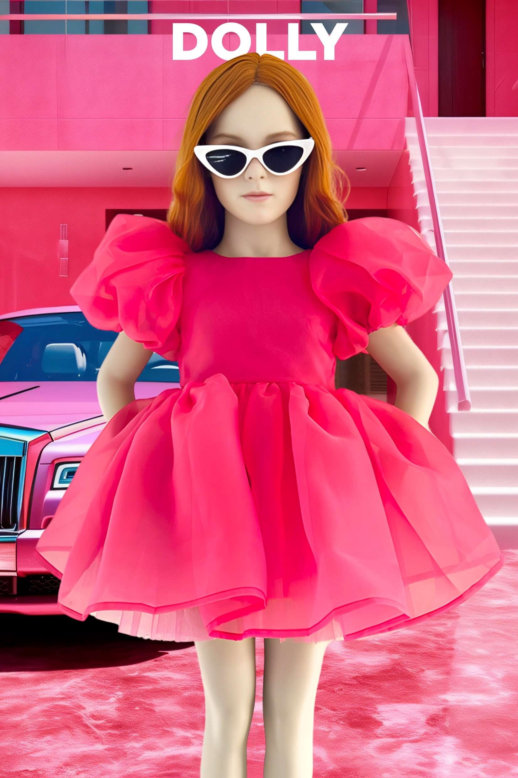 Elegant Hot Pink Satin Organza Puff Sleeve Party Dress for Women - Perfect for Weddings, Proms, and Special Occasions