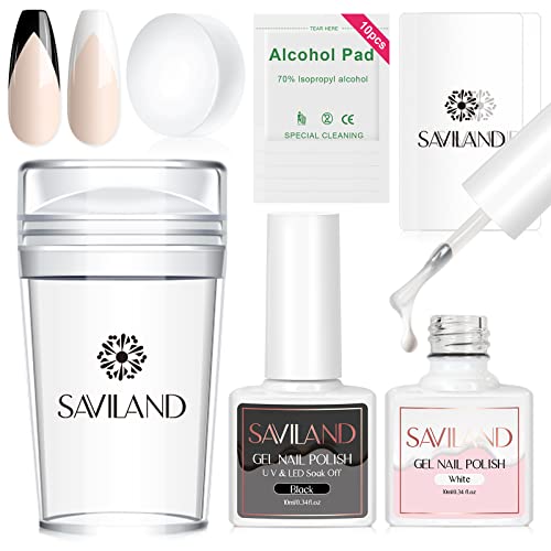 Saviland French Manicure Kit - Professional Gel Nail Polish Set with Jelly Silicone Stamper & Scraper for DIY French Tip Nail Art | Perfect for Home Manicures & Salon Use - 16pc Set