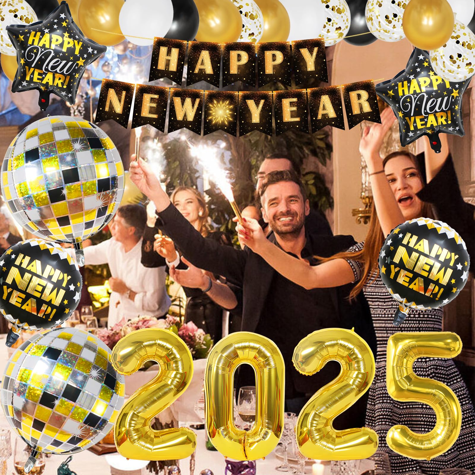 2025 New Year's Eve Party Supplies Kit - 74-Piece Set with 4D Disco Ball Balloons, Happy New Year Banner, Fringe Curtain & NYE Decorations for 2025 Celebrations | Perfect for Home Parties, Countdown Events & New Year Decorations