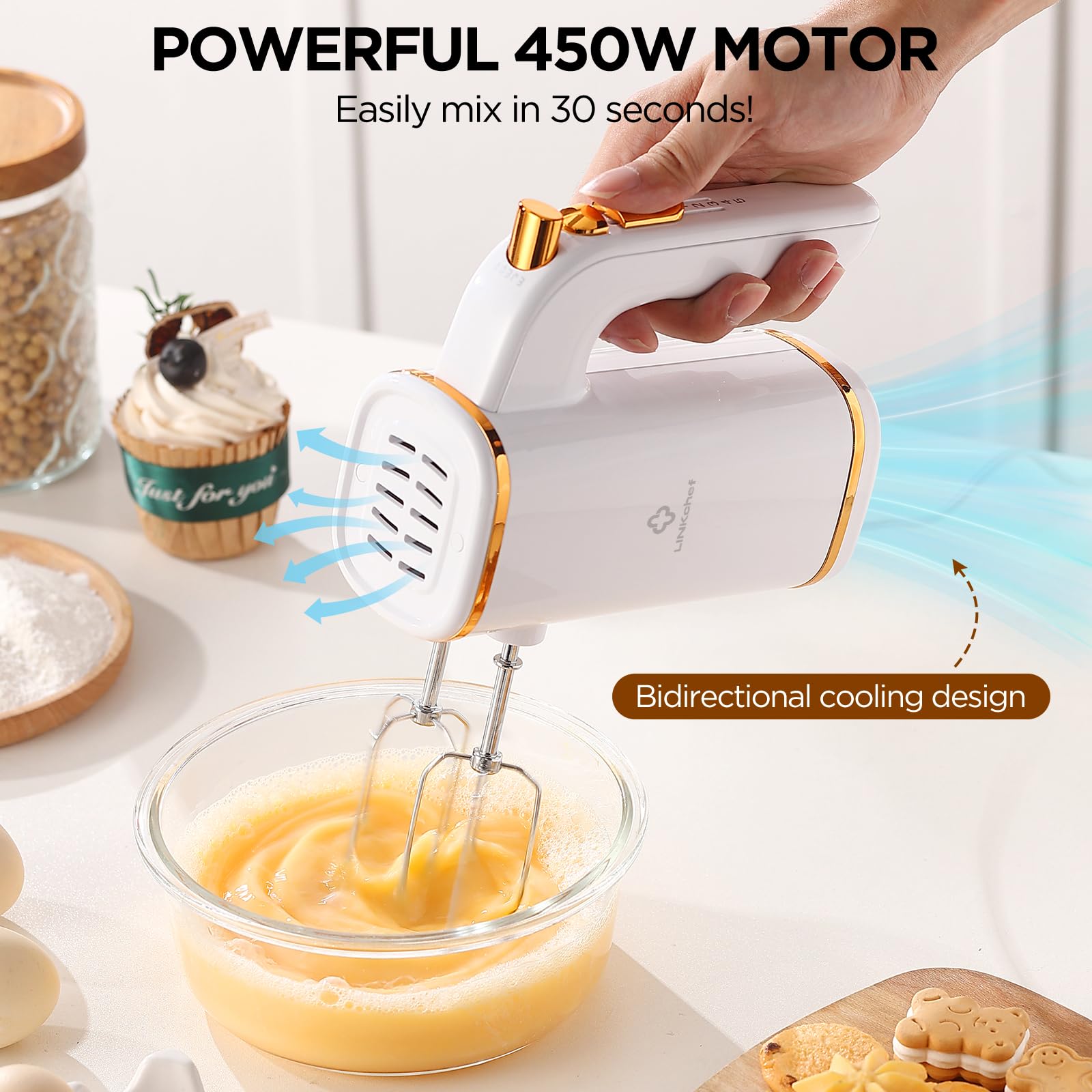 LINKChef 450W Electric Hand Mixer - 5-Speed Turbo Handheld Blender with Whisk & Dough Hook, Storage Base - Perfect for Baking Cakes, Cookies, Brownies, Whipping Cream & Mixing Eggs - Ideal for Home Kitchen, Professional Bakeries & Holiday Cooking