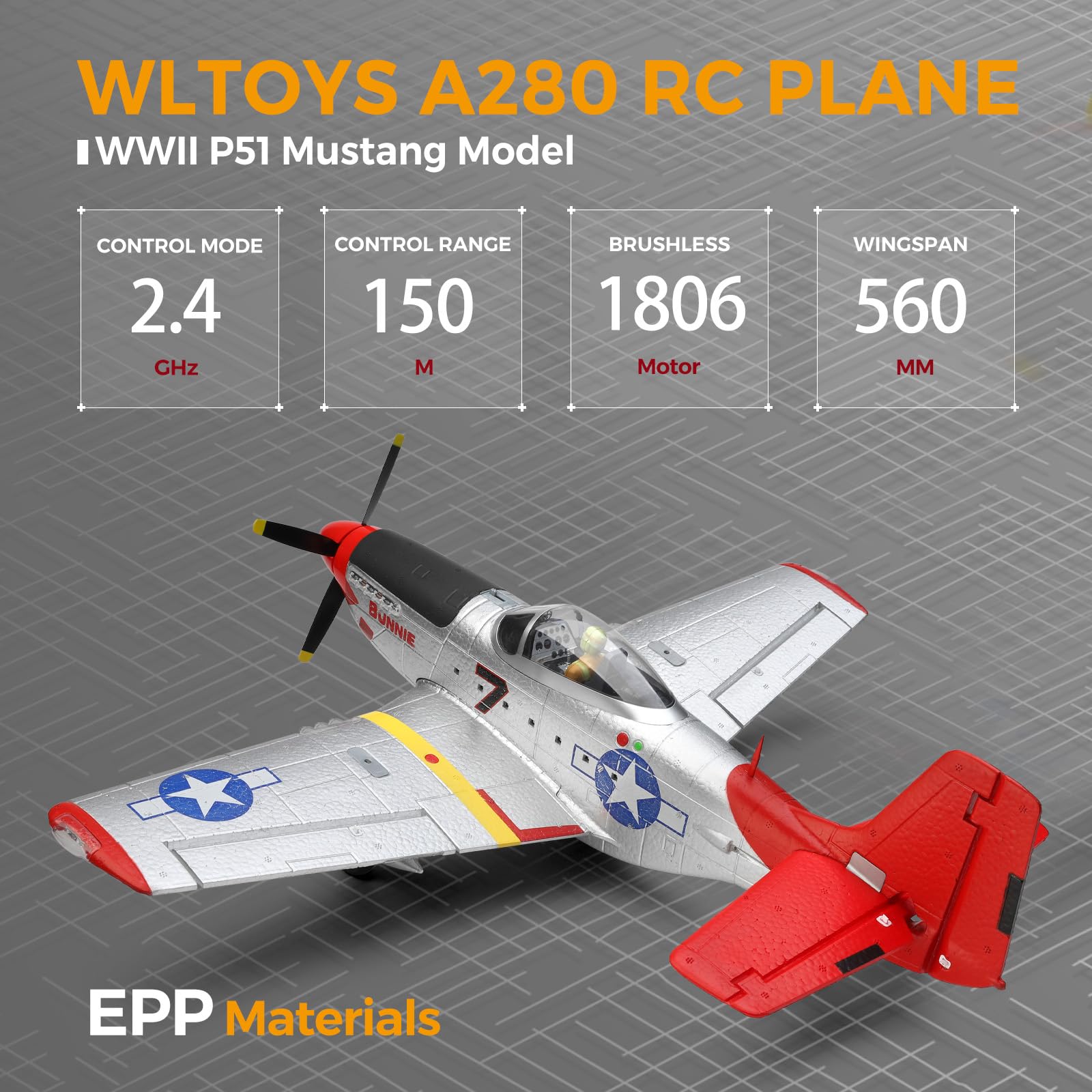 WLtoys XK A280 P51 Mustang 4 Channel RC Airplane with LED Lights - 2.4G Brushless Remote Control Plane for Adults (6G/3D Mode) - Perfect for Hobby Flying, Outdoor Sports & RC Plane Gifts